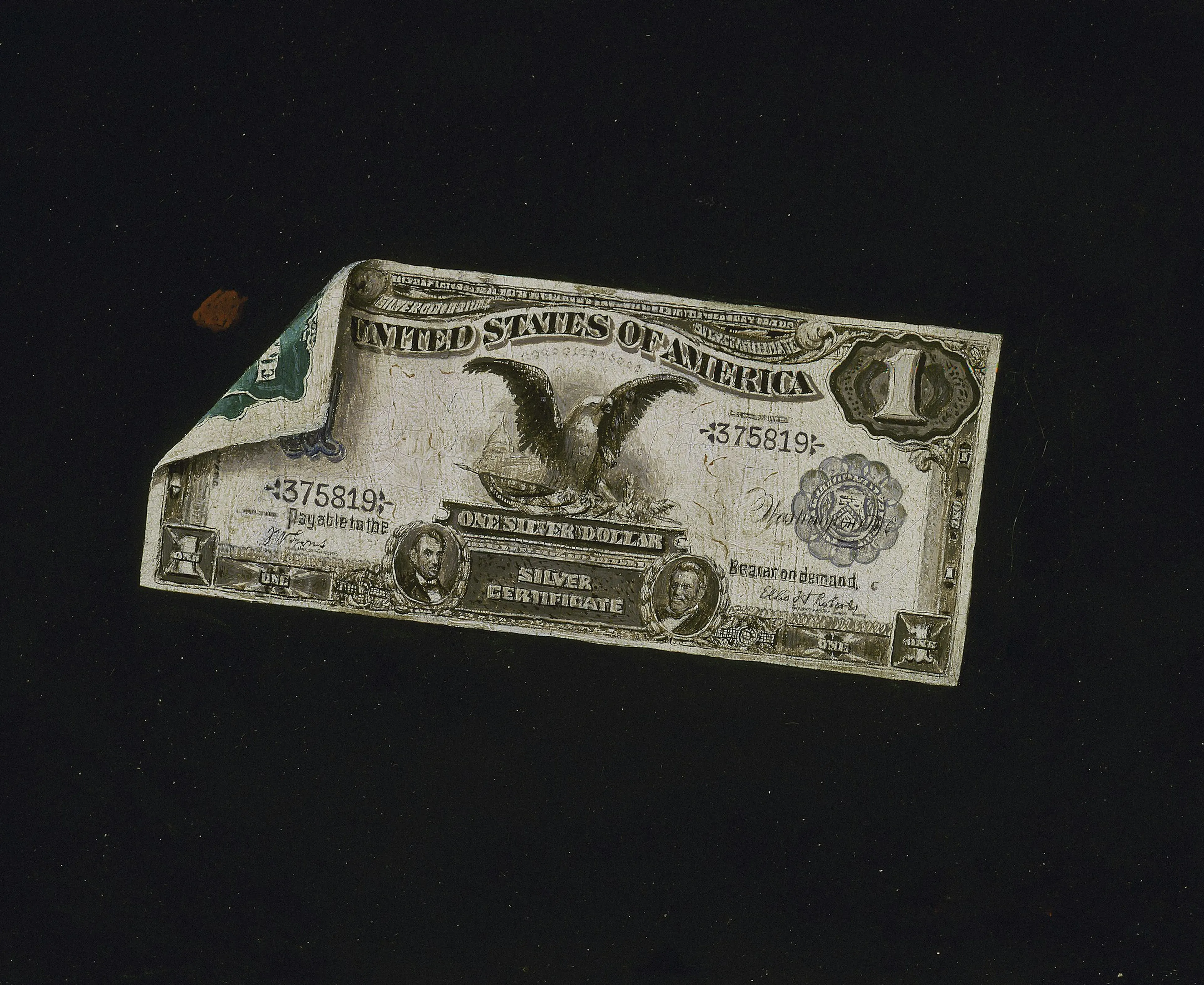 A worn, vintage U.S. silver certificate with an eagle design and a visible crease, set against a dark background.