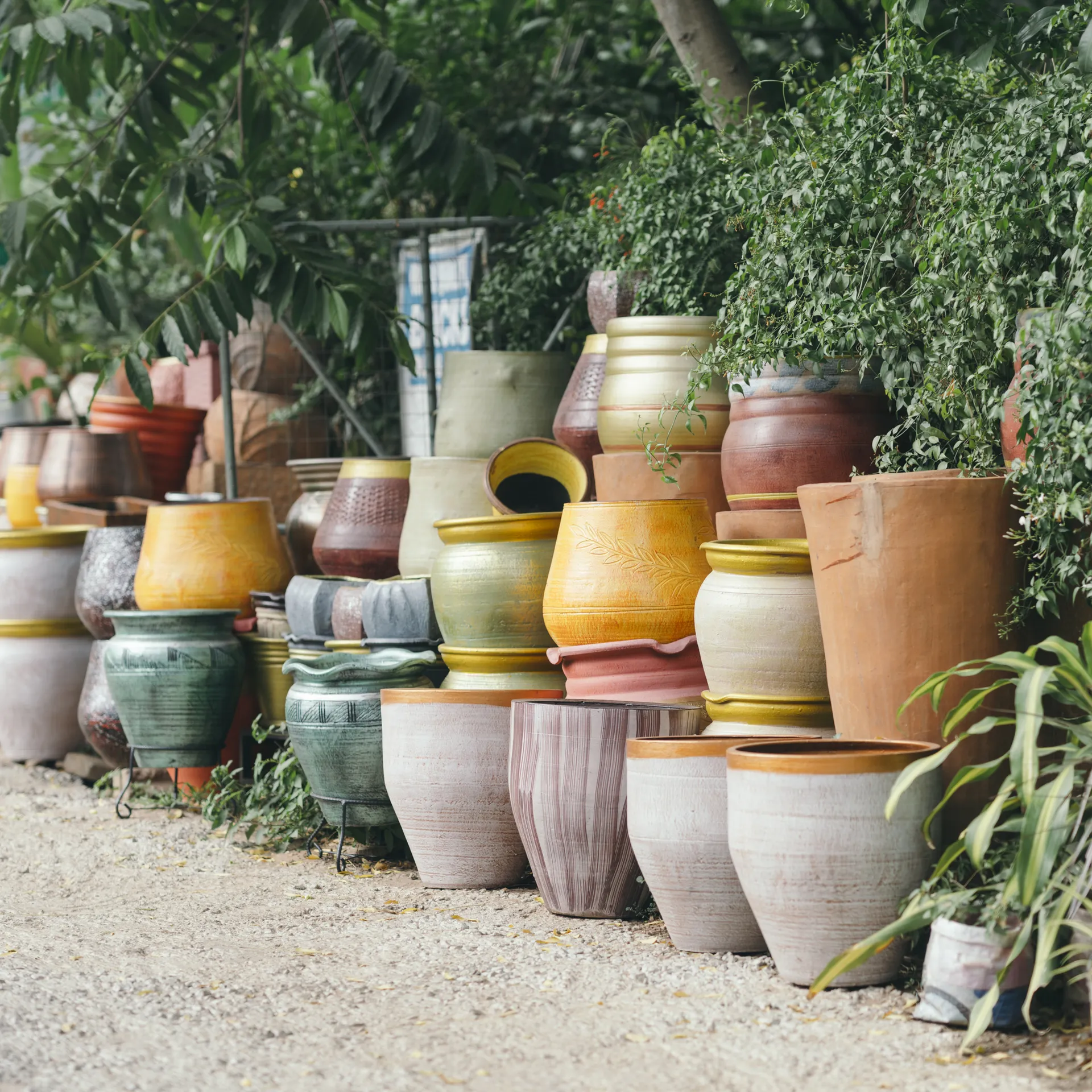 Rows of colorful ceramic pots of various sizes and shapes lined up on a gravel path, surrounded by lush green foliage.