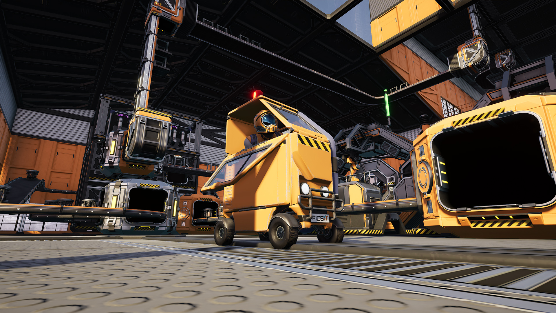 Satisfactory factory interior with vehicles and belts showing why logistics should stay separate from steel production
