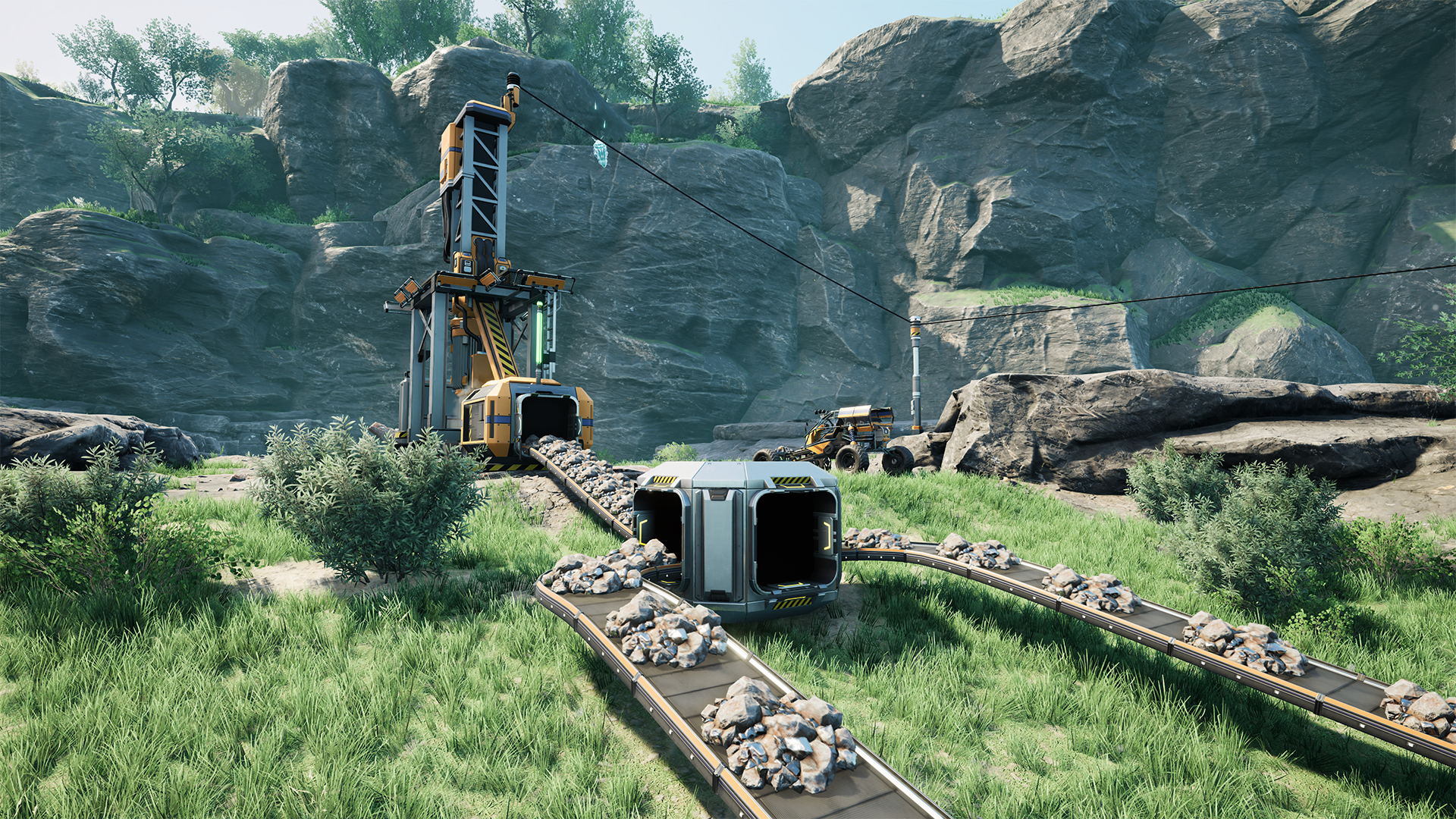 Satisfactory miner feeding ore belts in an open area suitable for a first steel production line