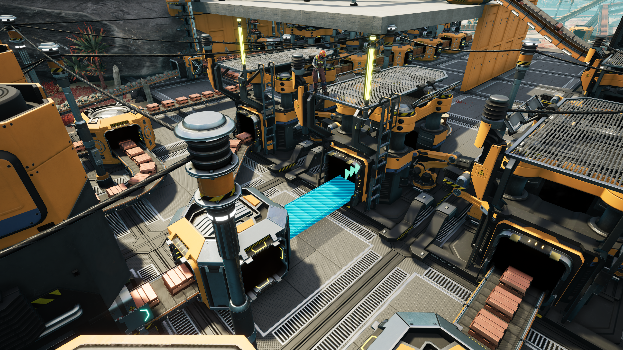 Compact Satisfactory production floor with aligned machines and visible belts for organizing steel Foundries