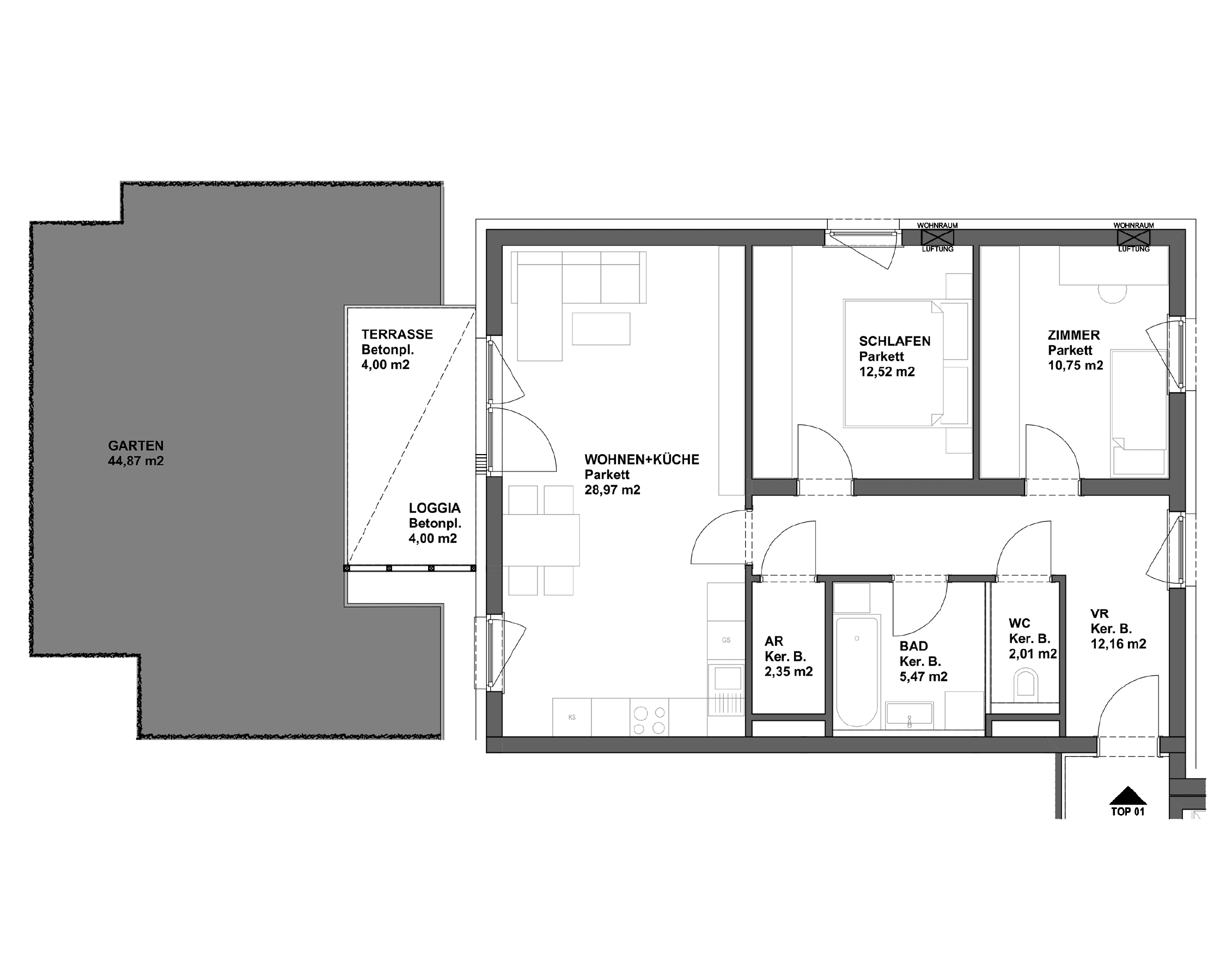 Plan TOP 1 - 3-Raumwohnung mit Eigengarten
