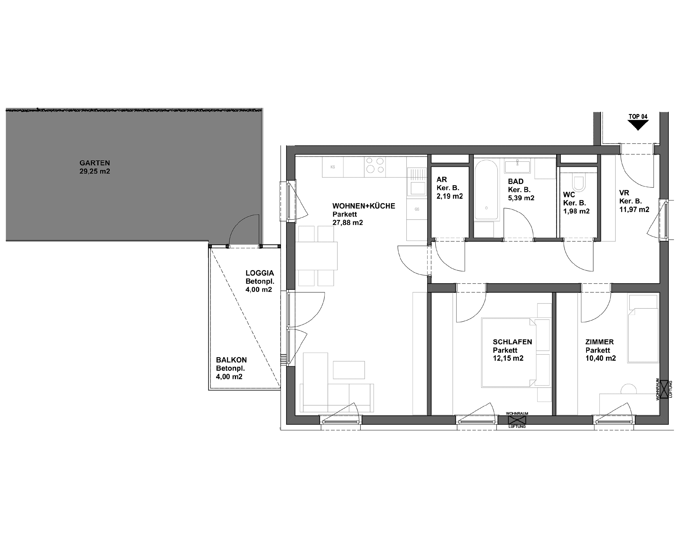 Plan TOP 4 - 3-Raumwohnung mit Eigengarten 