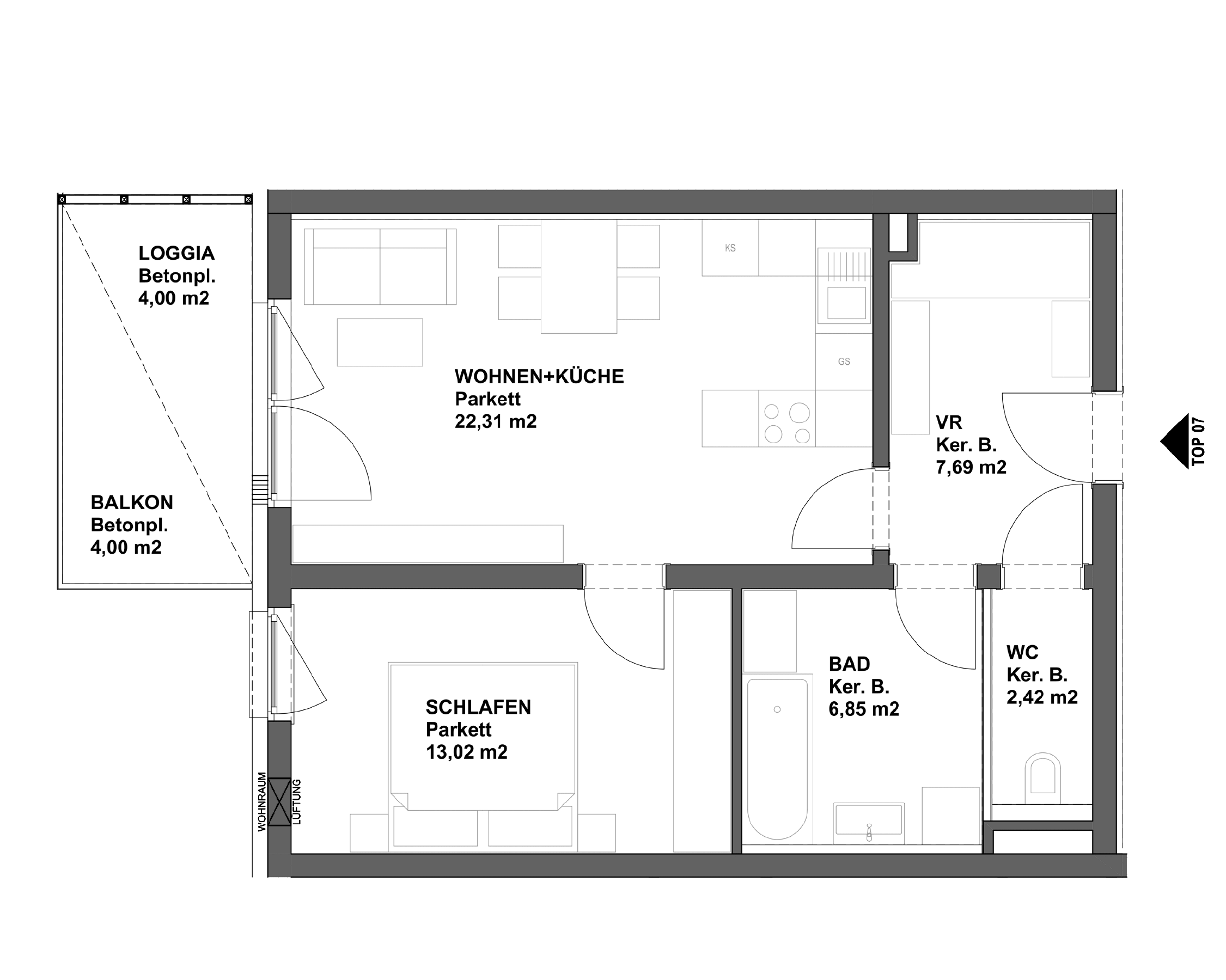 Plan TOP 7 - 2-Raumwohnung im 2.Obergeschoss