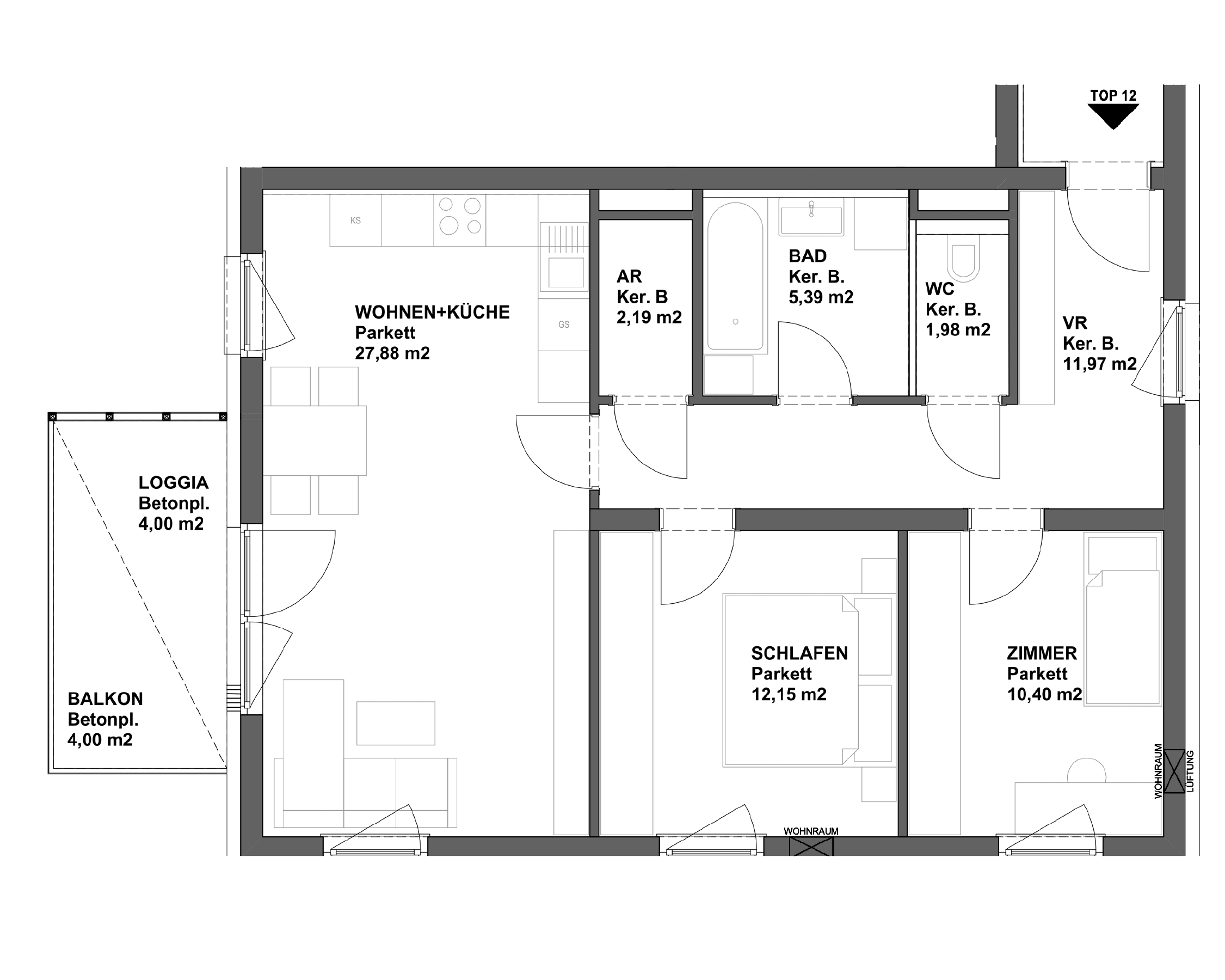 Plan TOP 12 - 3-Raumwohnung im 3.Obergeschoss