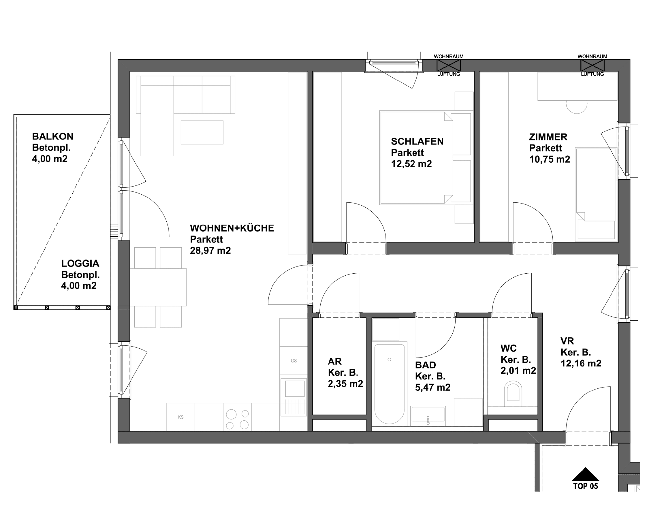 Plan TOP 5 - 3-Raumwohnung im 2.Obergeschoss