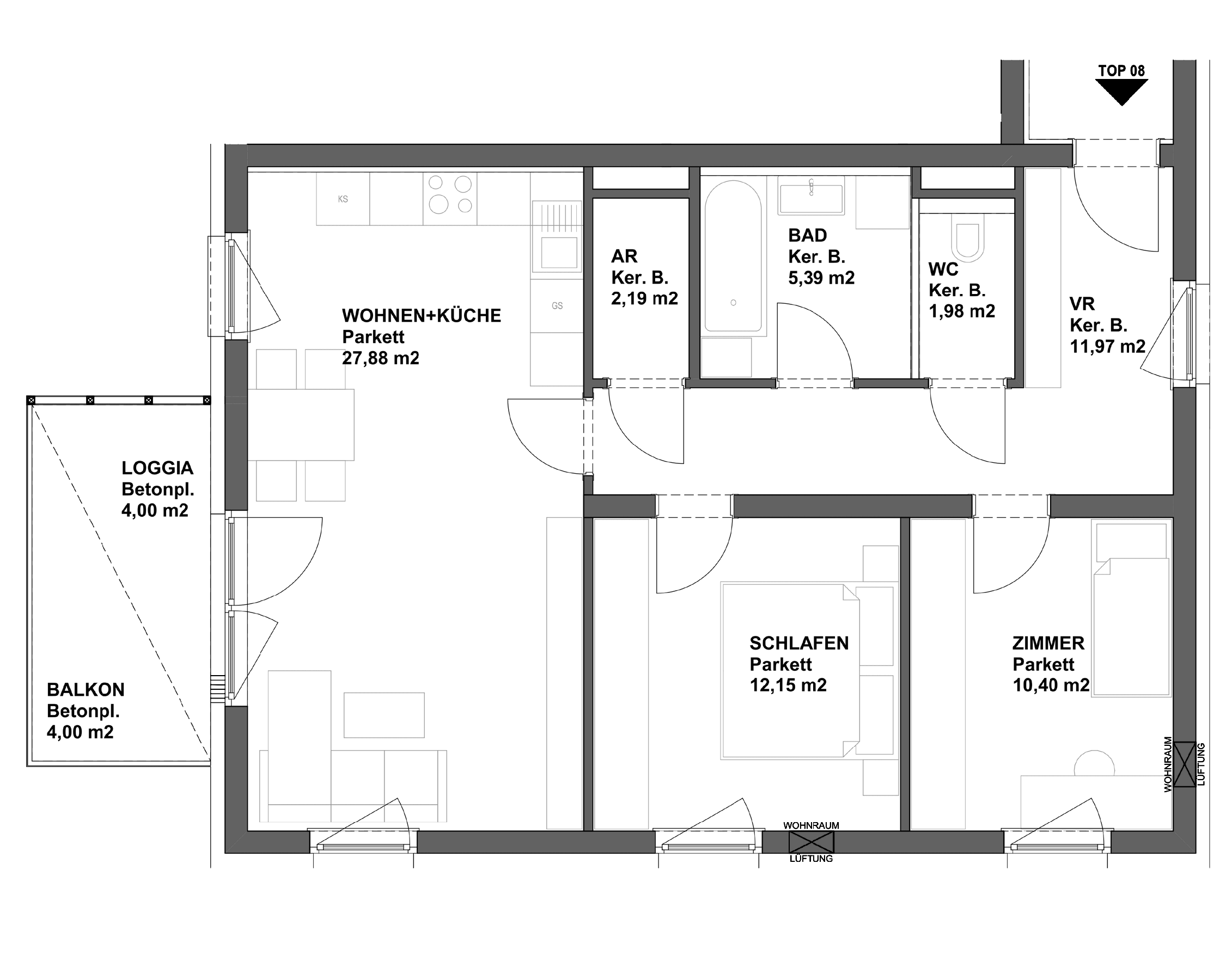 Plan TOP 8 - 3-Raumwohnung im 2.Obergeschoss