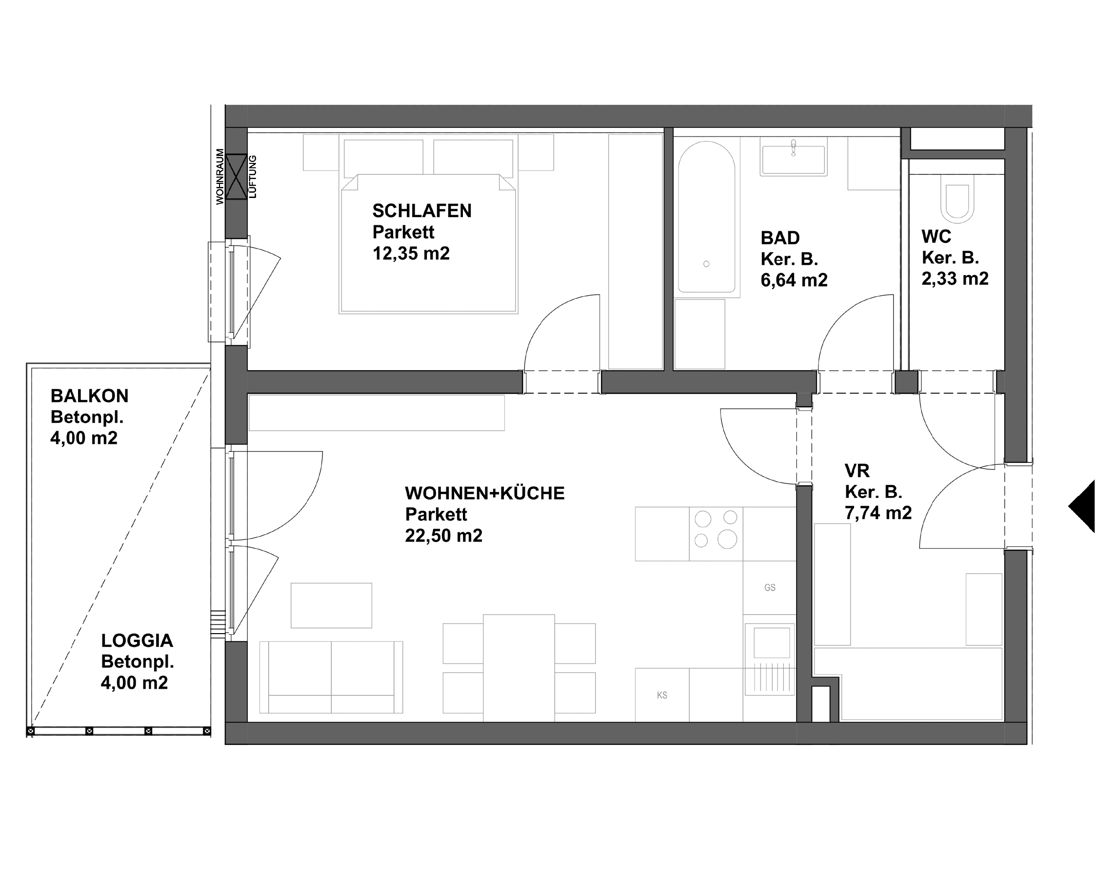 Plan TOP 6 - 2-Raumwohnung im 2.Obergeschoss