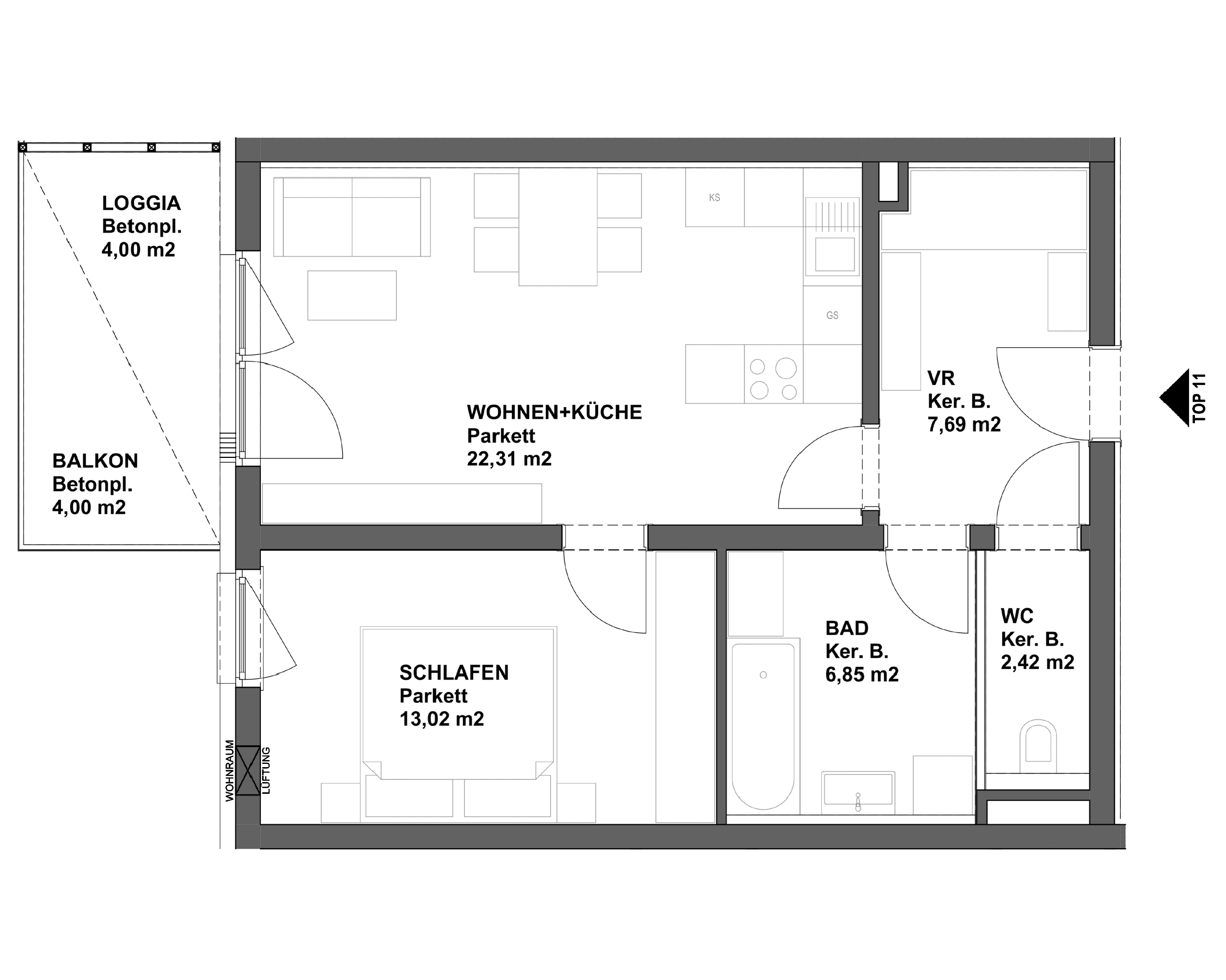 Plan TOP 11 - 2-Raumwohnung im 3.Obergeschoss