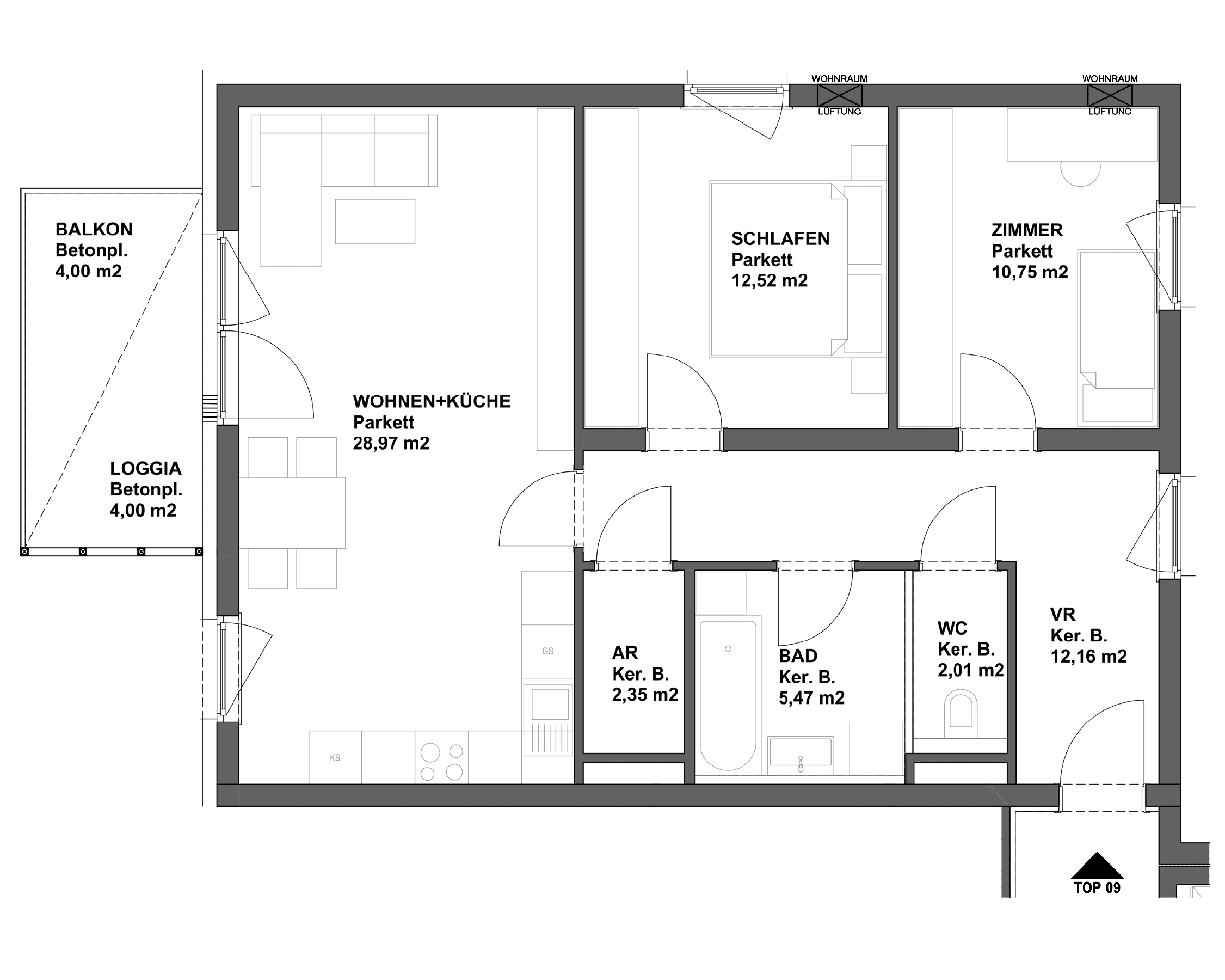 Plan TOP 9 - 3-Raumwohnung im 3.Obergeschoss