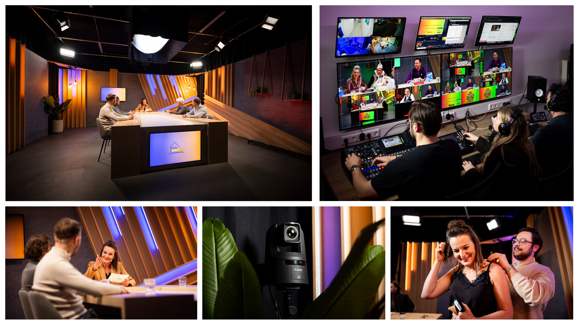 A radio station setup with hosts at a desk, control room with monitors, and candid shots of people interacting and preparing.