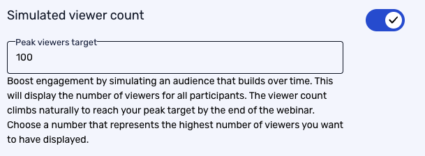 Text interface showing options for simulating viewer count in a webinar, with fields for peak viewer targets and engagement boosting.