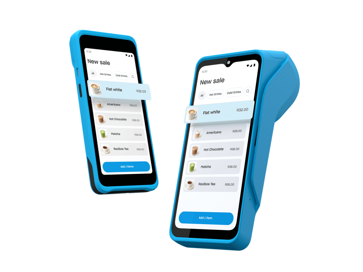 Two blue Yoco card machines displaying new sale screens.