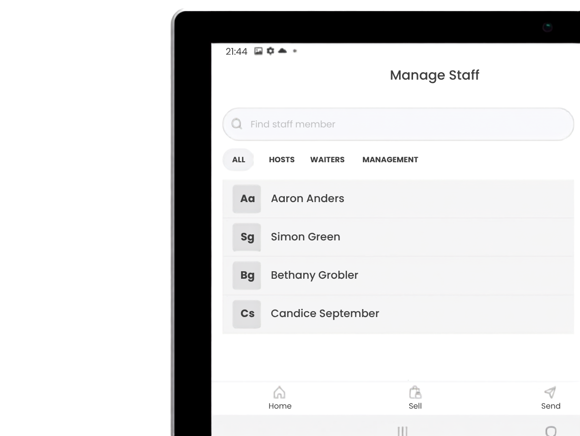 Point of sale staff management screen with employee profiles