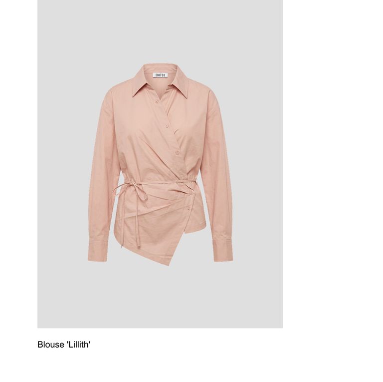 Light pink crossover blouse with long sleeves and an asymmetric hem, featuring a wrap-around tie.