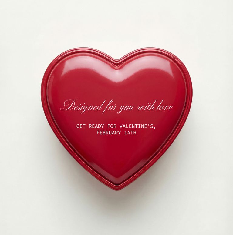 Red heart-shaped box with text: "Designed for you with love. Get ready for Valentine's, February 14th" on the lid.
