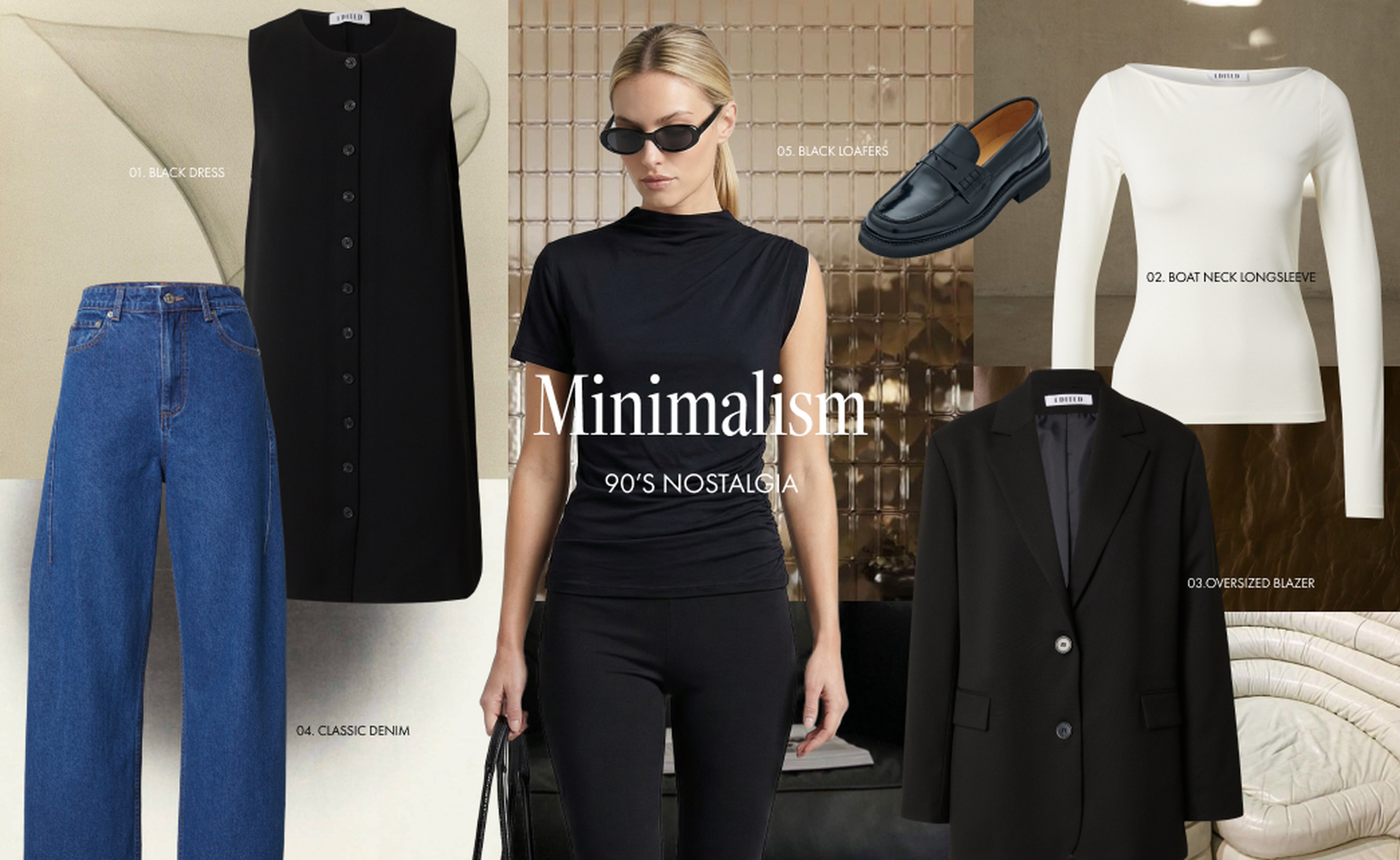 Collage showcasing minimalist 90s fashion: black dress, oversized blazer, classic denim, boat neck top, black loafers, and a woman in black attire.
