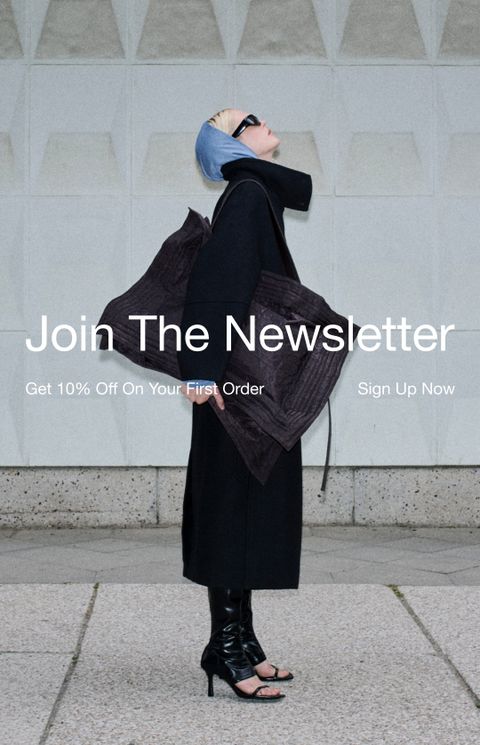 Fashionable person in sunglasses and headscarf, carrying a large bag, with text promoting a newsletter signup for 10% off first order.