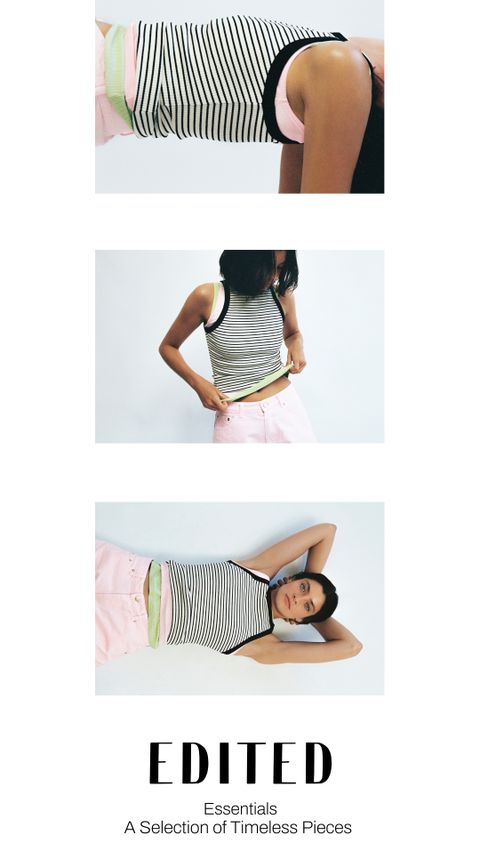 Three images of a person wearing a striped tank top and pink pants, shown from different angles. Text reads "EDITED Essentials: A Selection of Timeless Pieces."