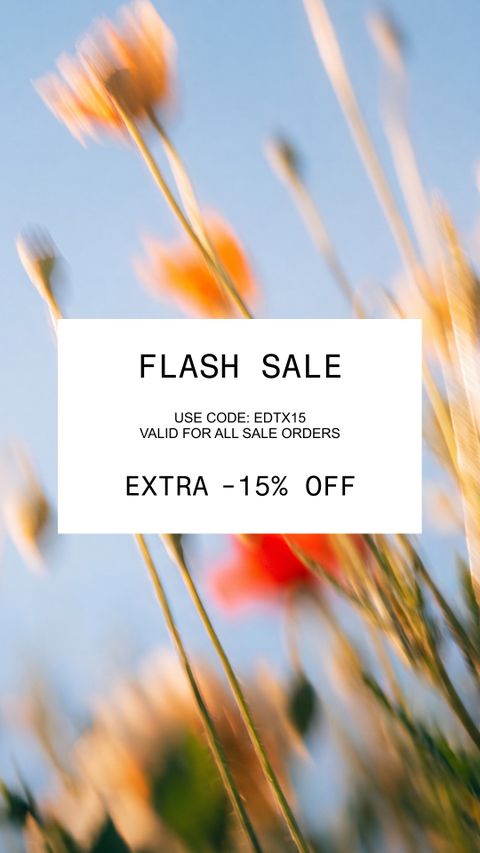 Blurred wildflowers with a "Flash Sale" text box offering 15% off using code EDTX15.