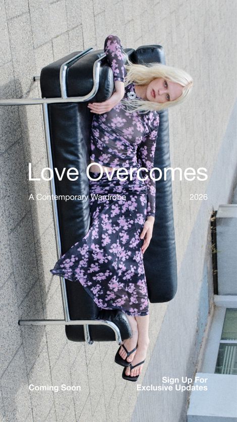 A woman in a floral dress reclines on a black leather chair with the text "Love Overcomes" and promotional details overlayed.