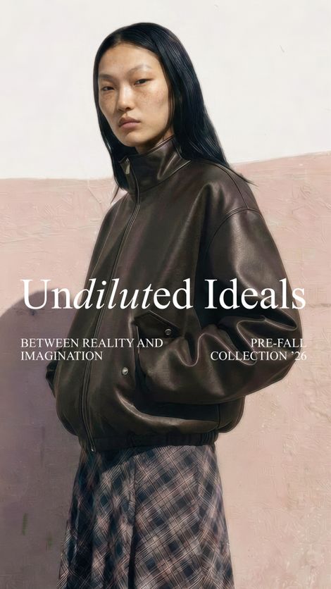 Model wearing a dark brown jacket and plaid skirt against a textured background with text "Undiluted Ideals" and "Pre-Fall Collection '26."