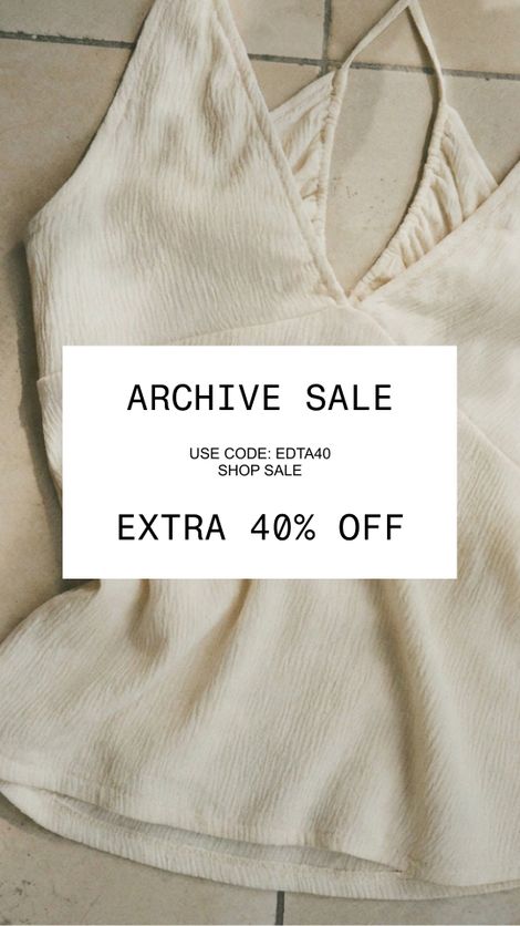 Off-white dress on tile floor with a sale overlay: "ARCHIVE SALE, Use Code: EDTA40, Extra 40% Off".