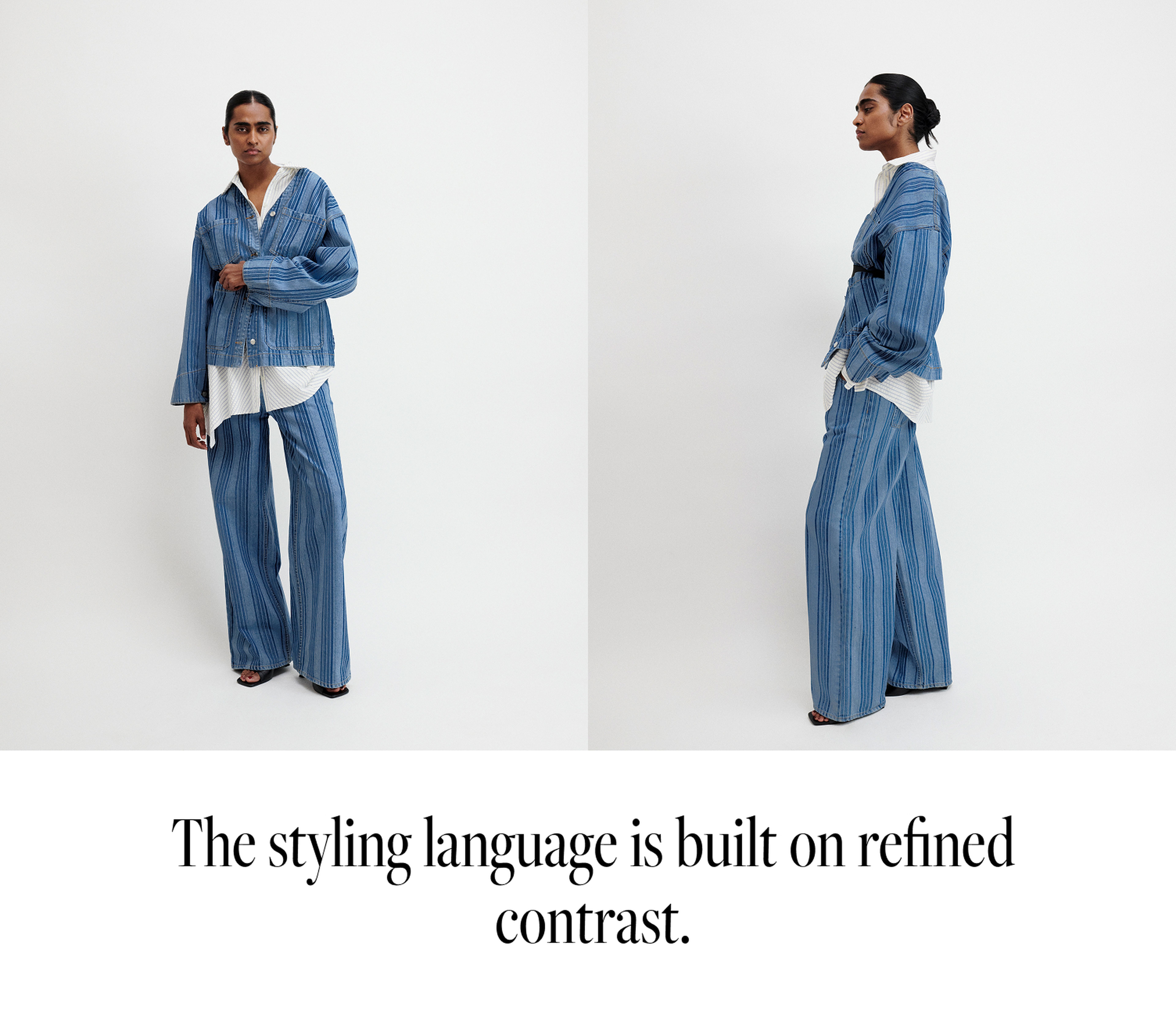 A person wearing a blue striped suit over a white shirt, posing against a plain background. Text: "The styling language is built on refined contrast."
