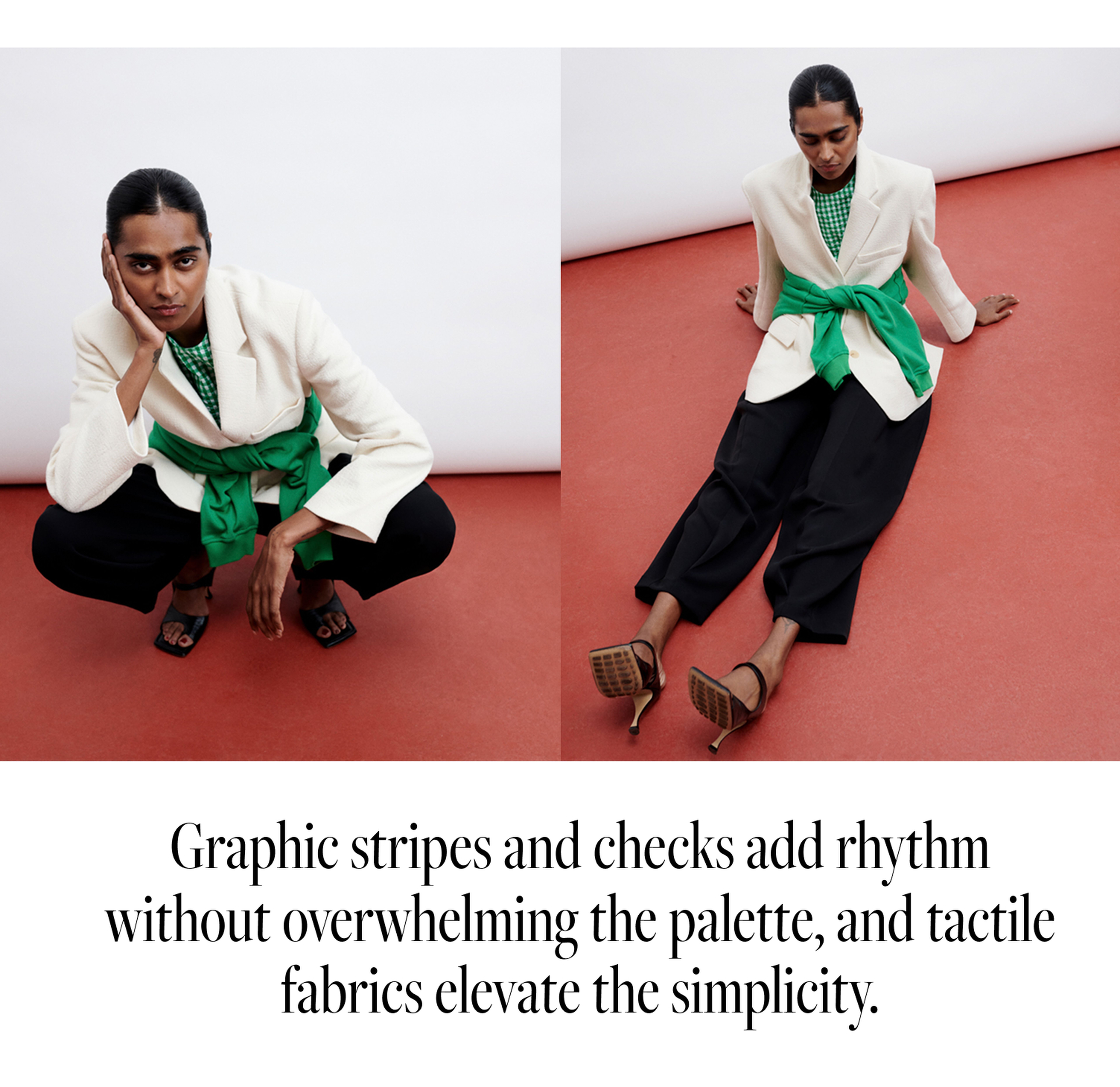 A person with dark hair poses in a white blazer and green scarf on a red floor, showcasing fashion with graphic stripes and simple fabrics.