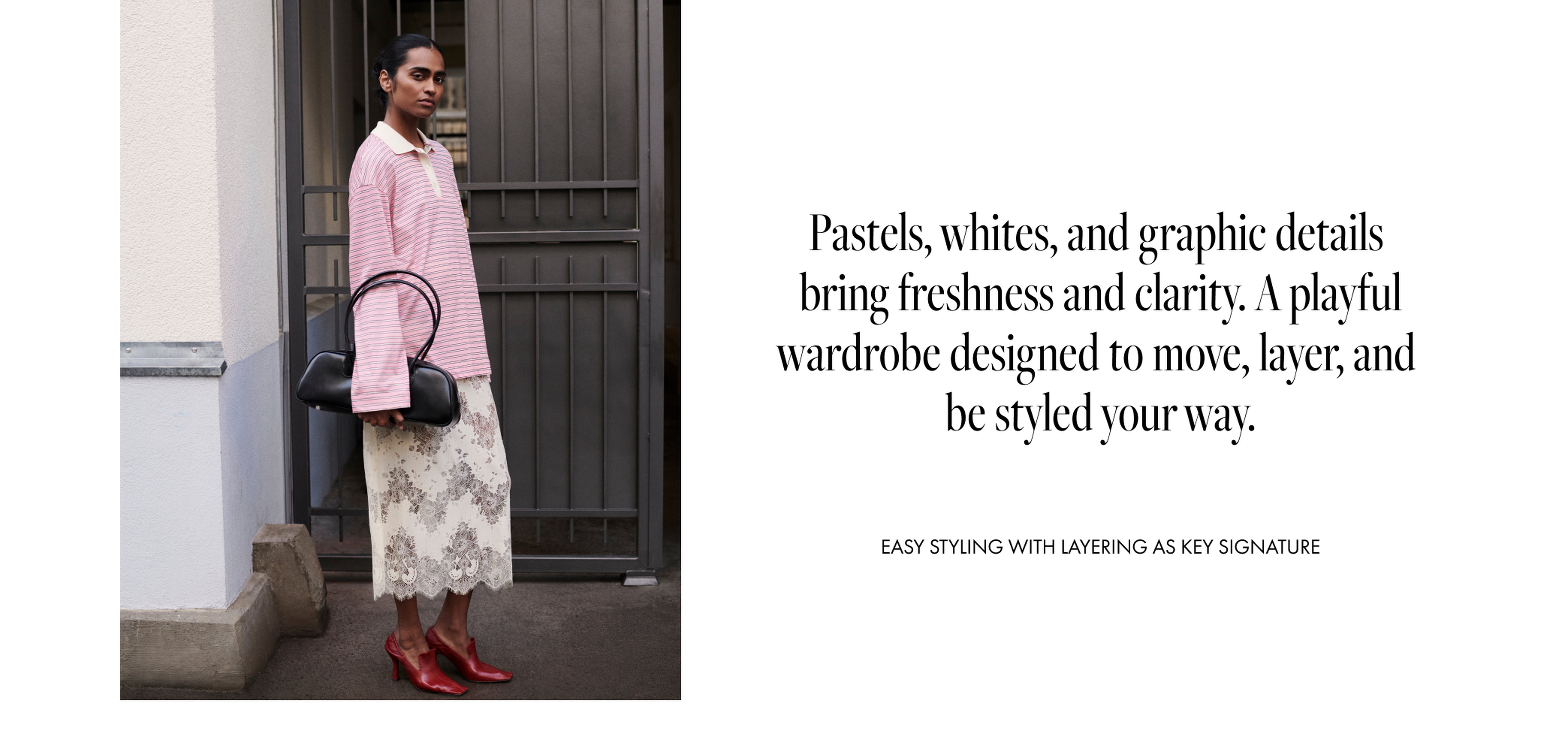A person in a pink striped top and floral skirt holds a black handbag, complemented by red shoes. Text on right discusses playful, layered styling.