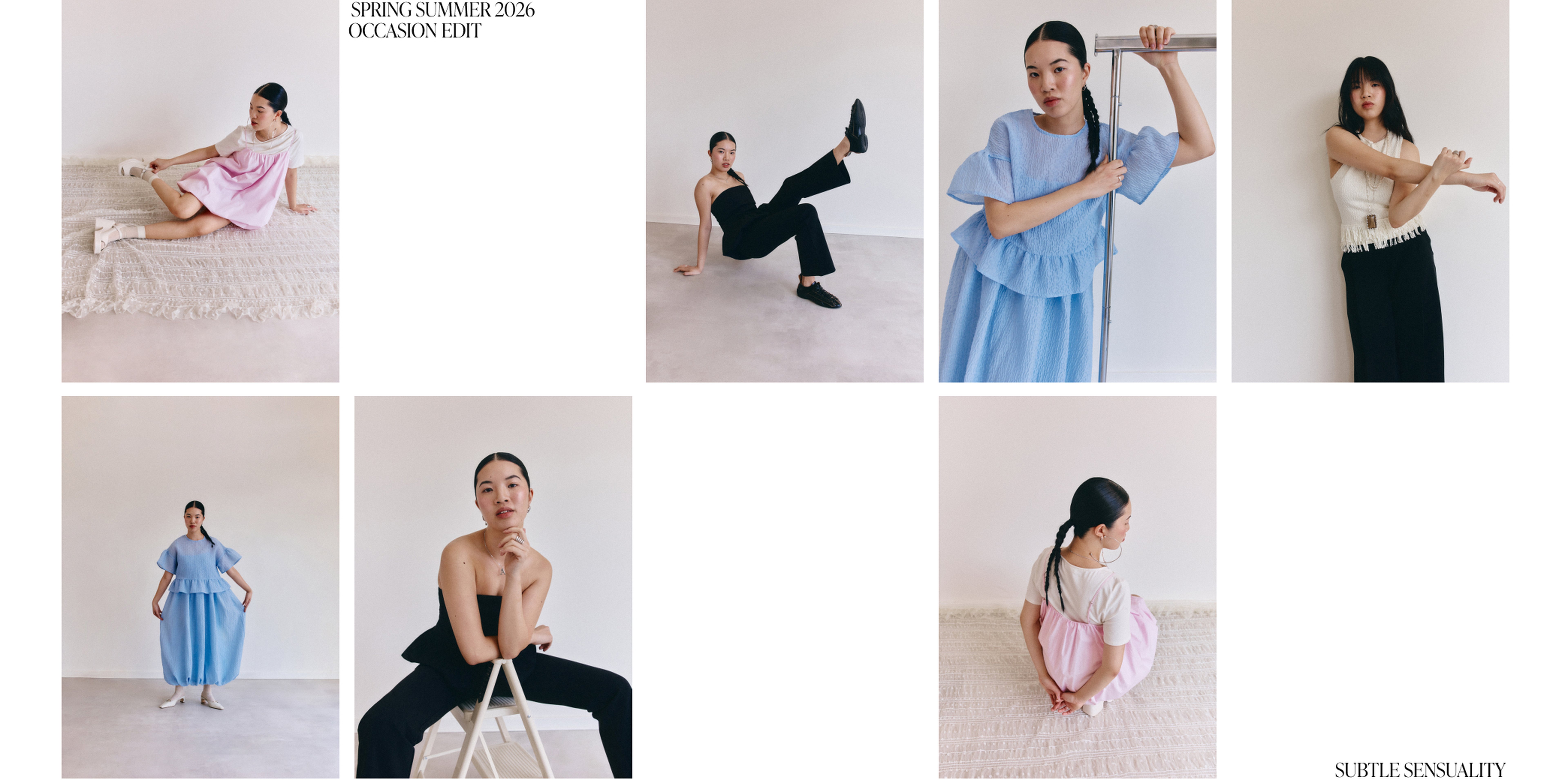 Fashion collage for Spring Summer 2026 Occasion Edit. Models in pastel and black outfits pose against neutral backgrounds. Text reads "Subtle Sensuality."