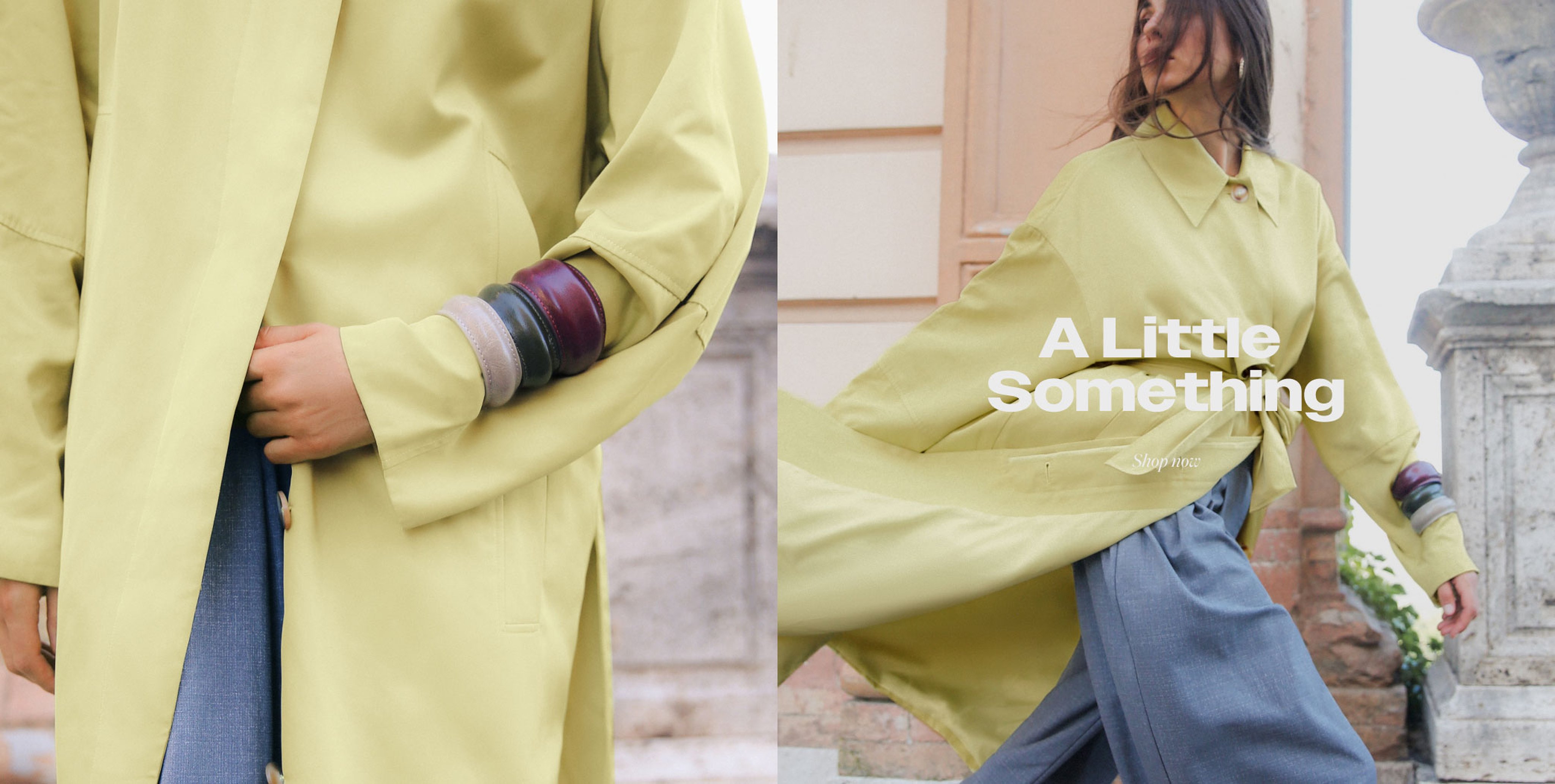 Person in a flowing yellow coat and wide-leg blue pants, with text "A Little Something" overlaid on the image.