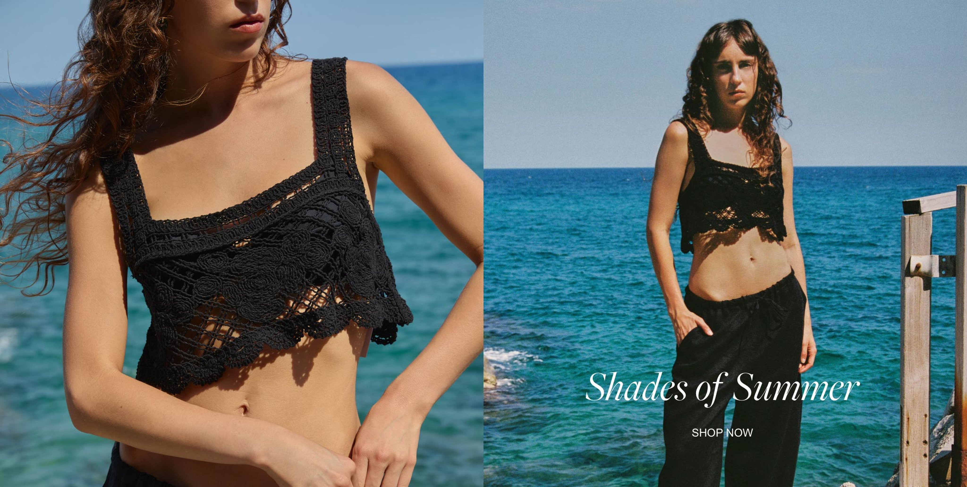 Woman in a black crocheted top by the sea, with text "Shades of Summer" and "Shop Now."