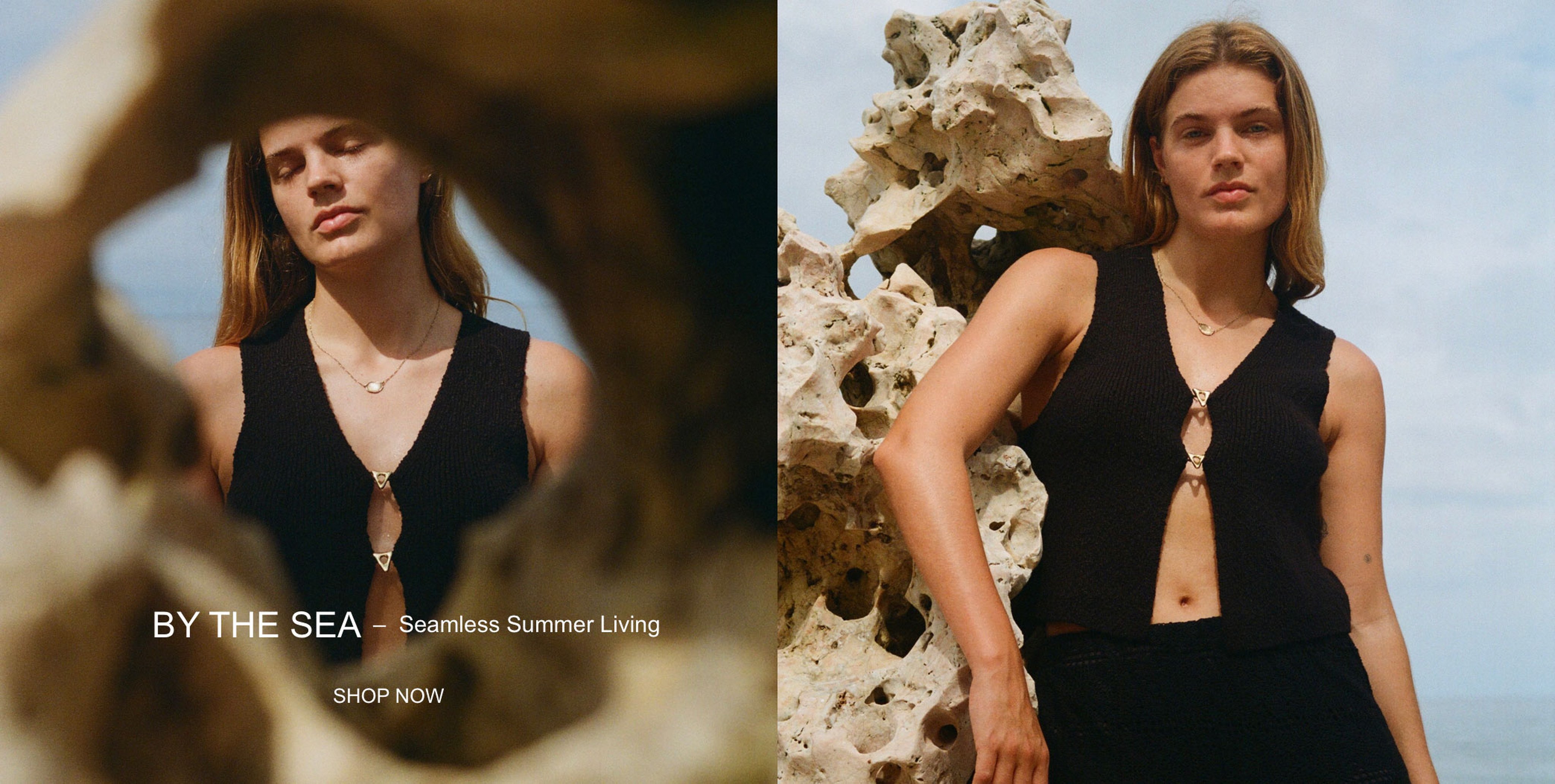 Woman in black outfit poses by rocky seaside, with text "BY THE SEA - Seamless Summer Living" and "SHOP NOW" on the left side.