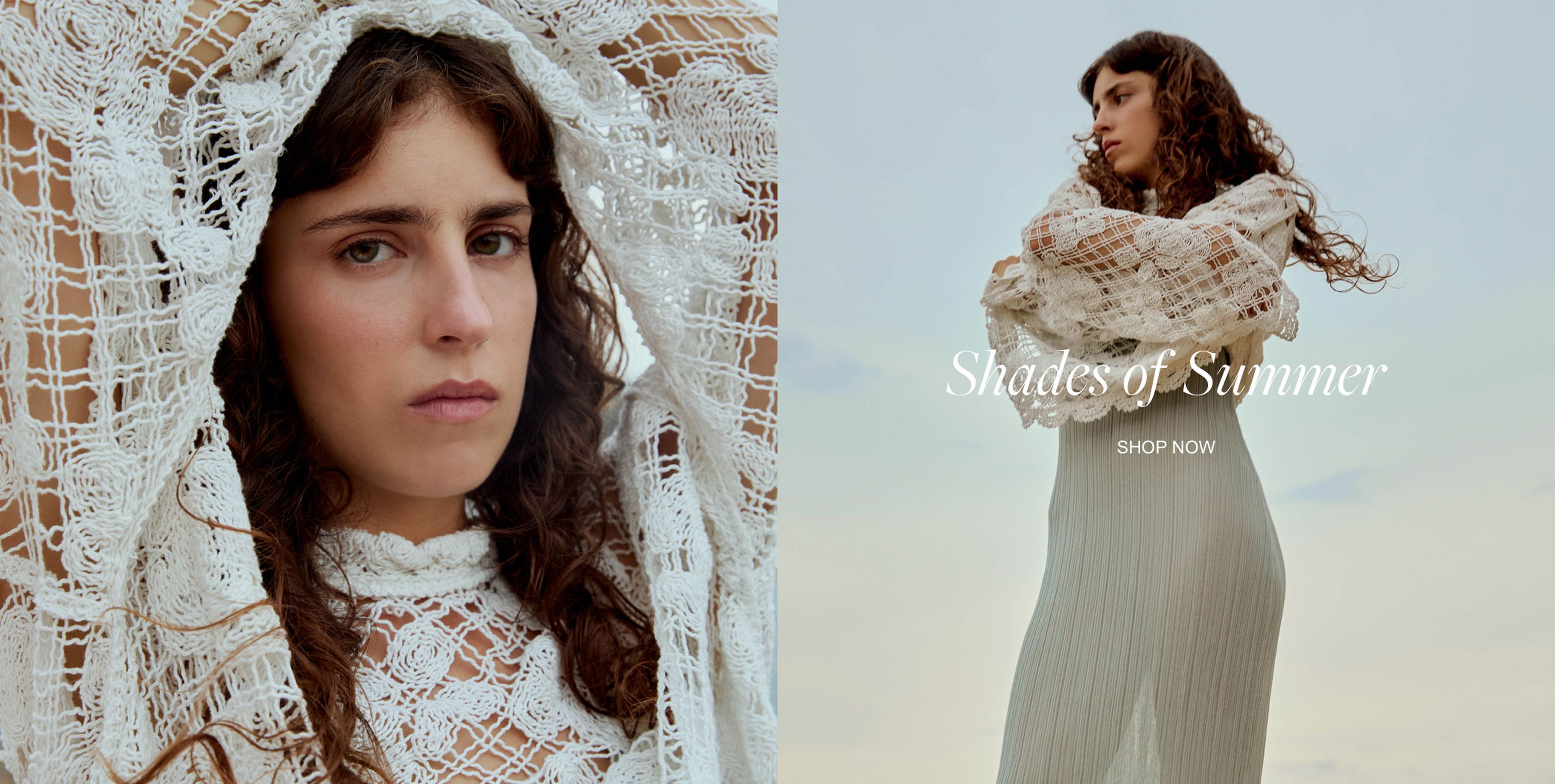 Woman in a white lace outfit poses outdoors, with text "Shades of Summer" and "Shop Now" on the right side against a cloudy sky.