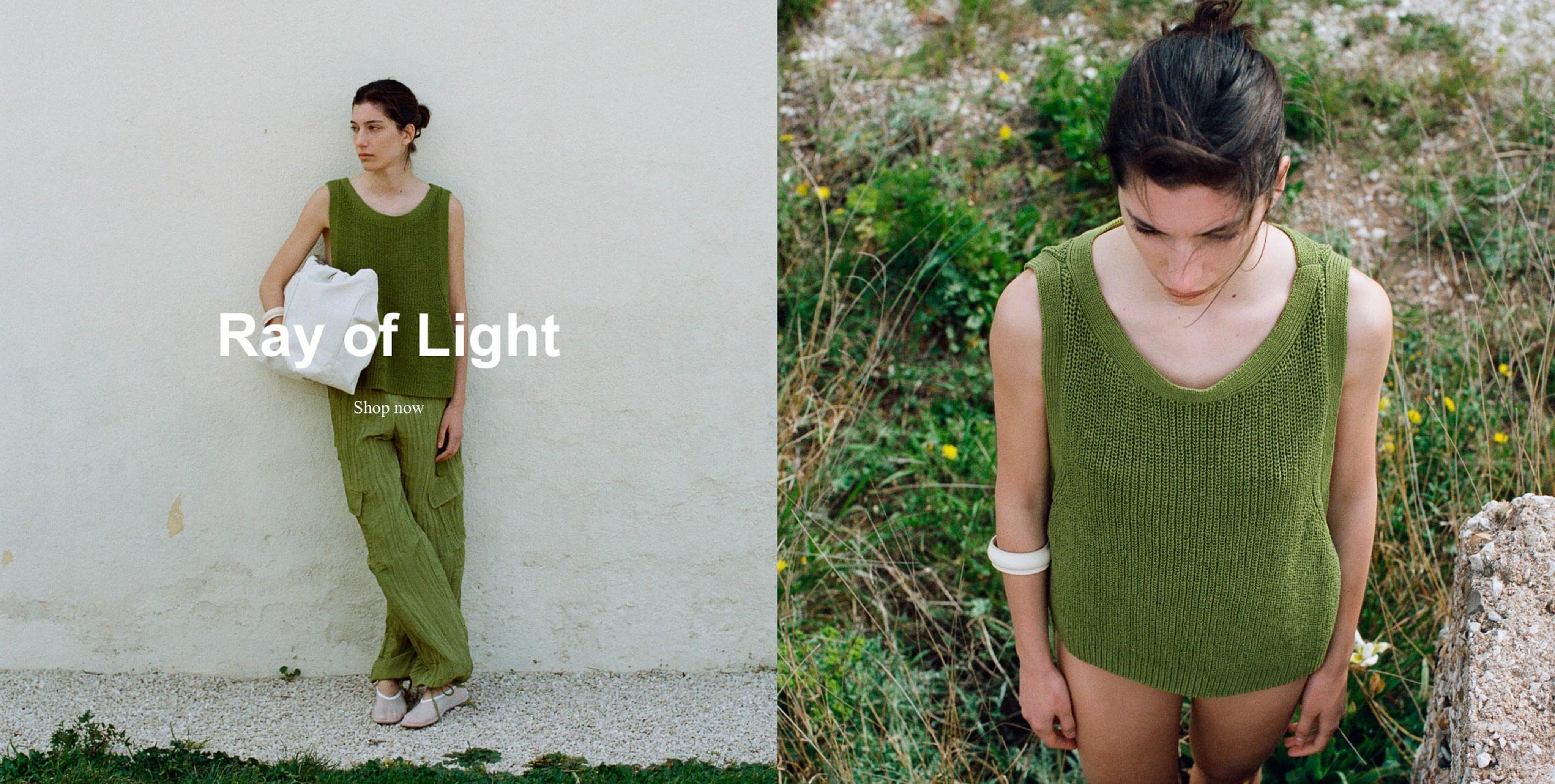 Woman in green knitwear poses outdoors, holding a white bag. Text reads "Ray of Light, Shop now." Natural setting with grass and rocks.