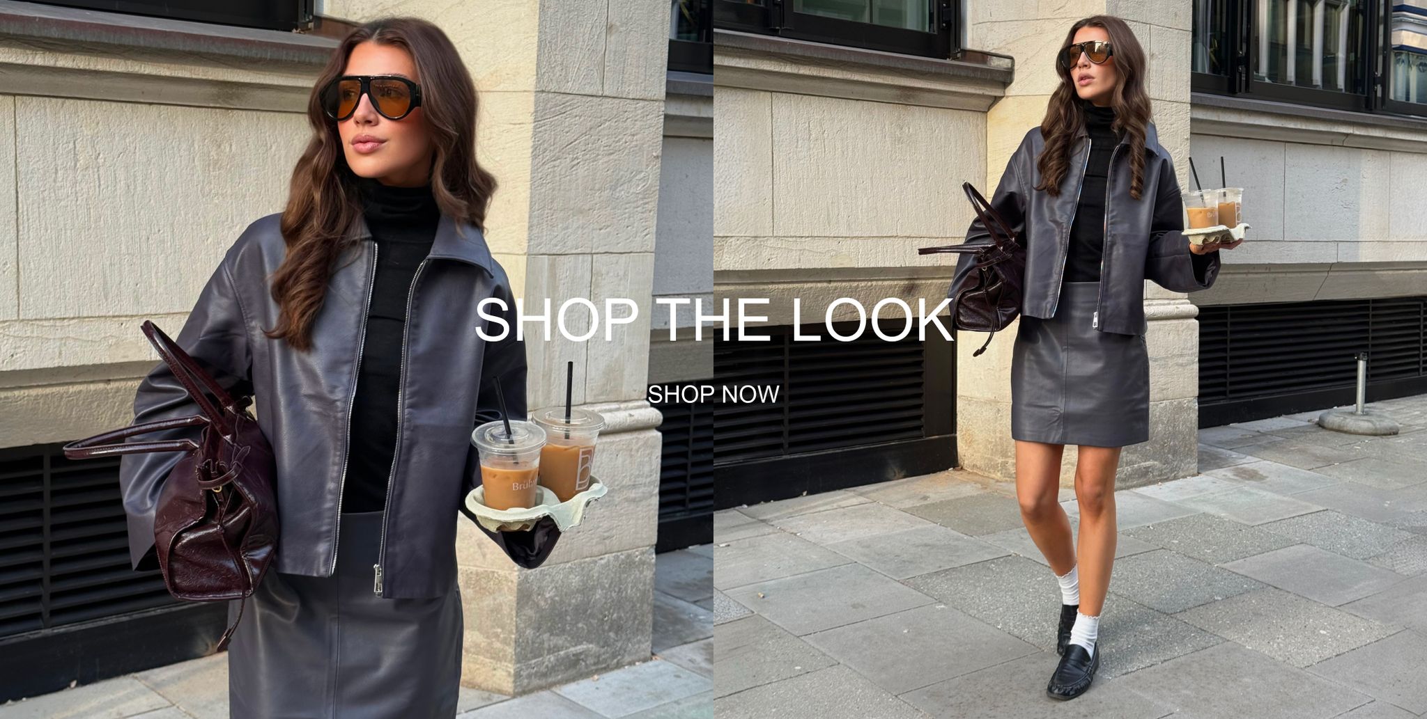Woman in black sunglasses, leather jacket, and skirt holds iced coffees on a city sidewalk. Text reads "SHOP THE LOOK. SHOP NOW."