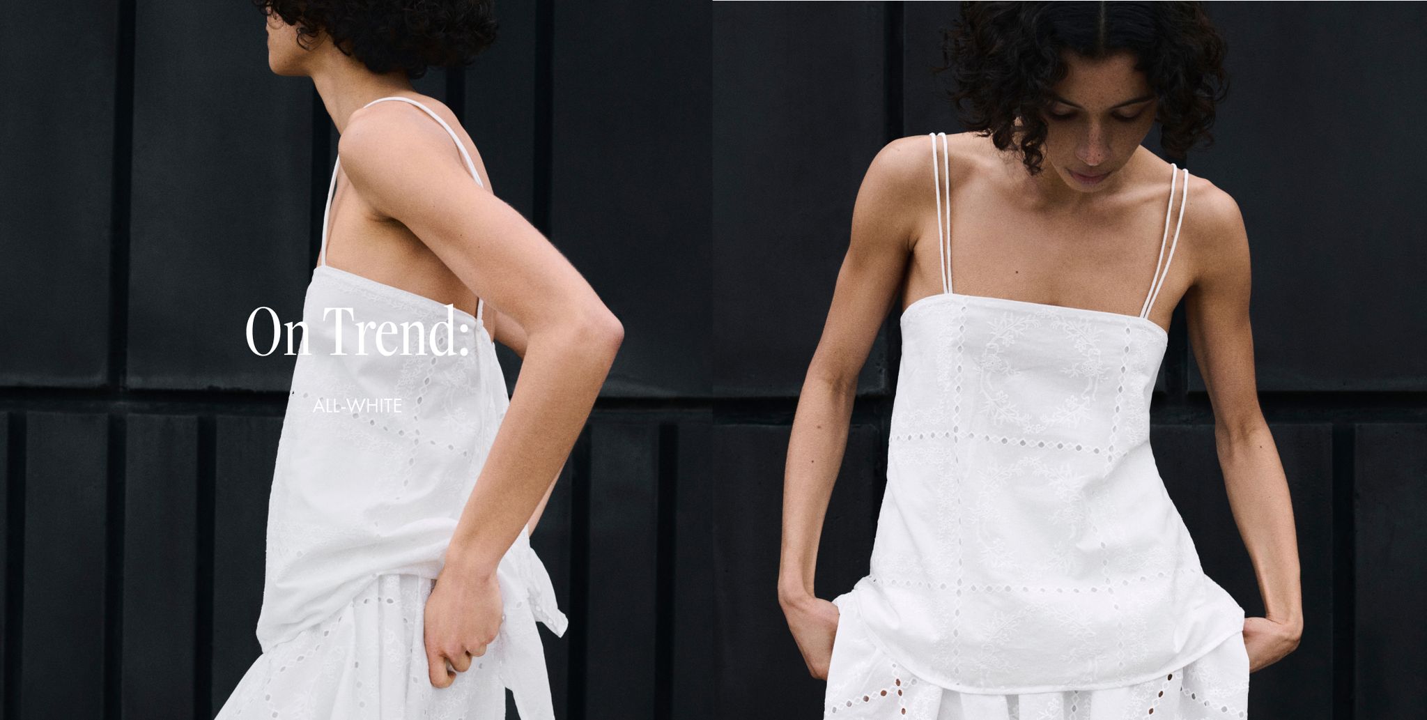 Woman wearing a sleeveless white dress with lace patterns, standing against a dark background. Text overlay reads "On Trend: All-White."