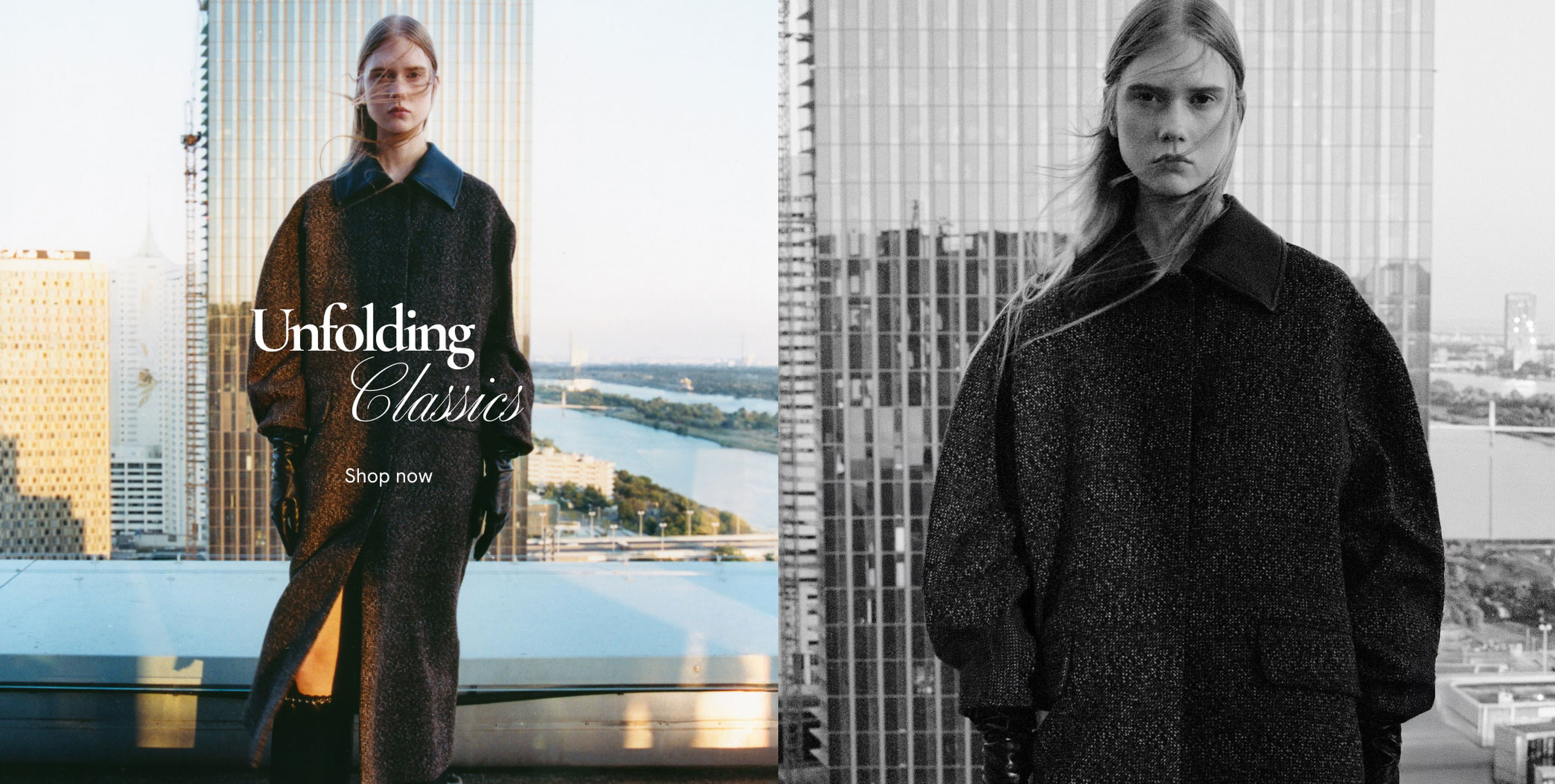 A model in a dark coat stands on a rooftop with a city skyline backdrop. Text reads "Unfolding Classics - Shop now."