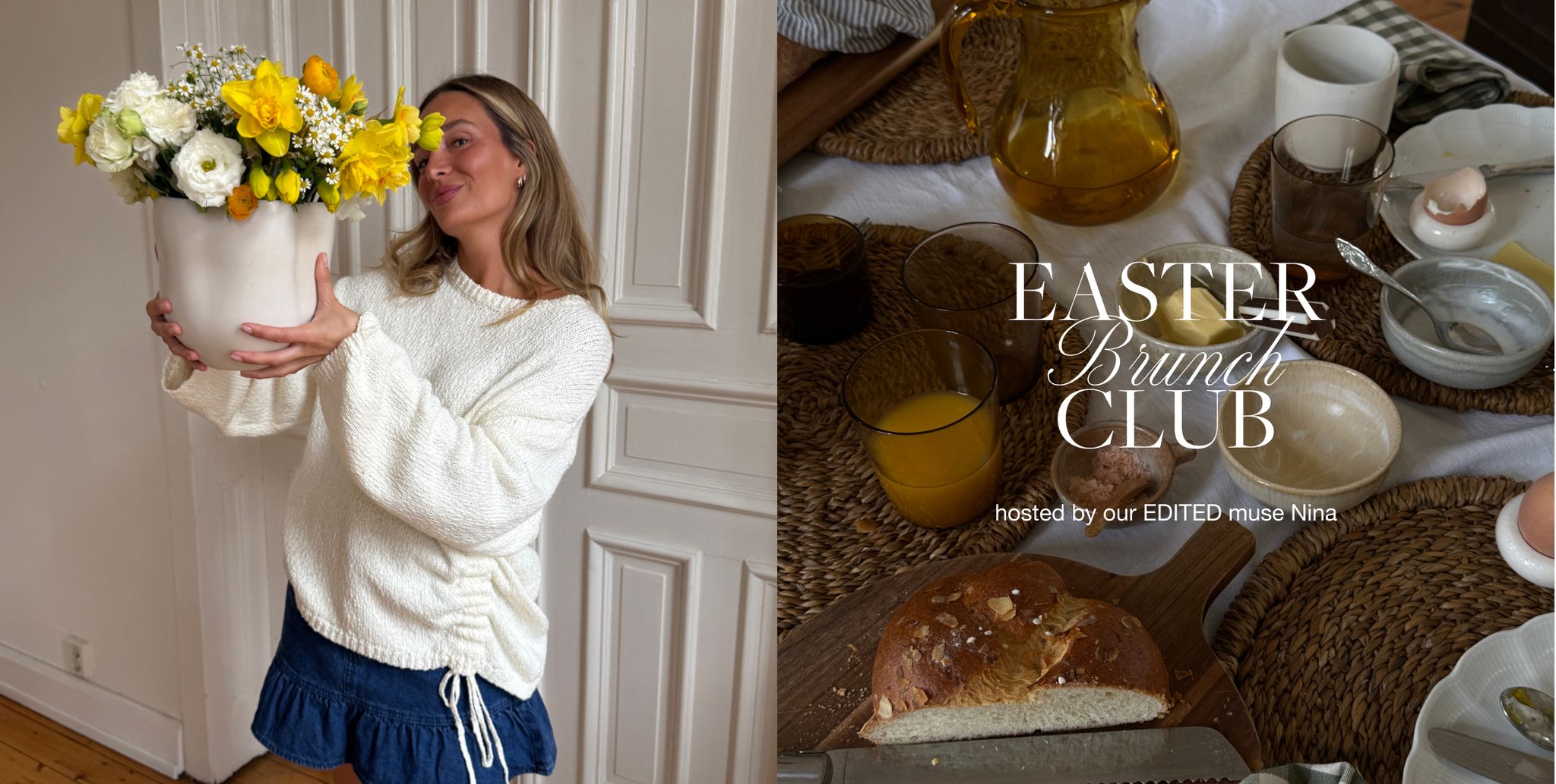 Woman in a white sweater holds a vase with yellow and white flowers. Easter Brunch table setup with bread and drinks on the right.