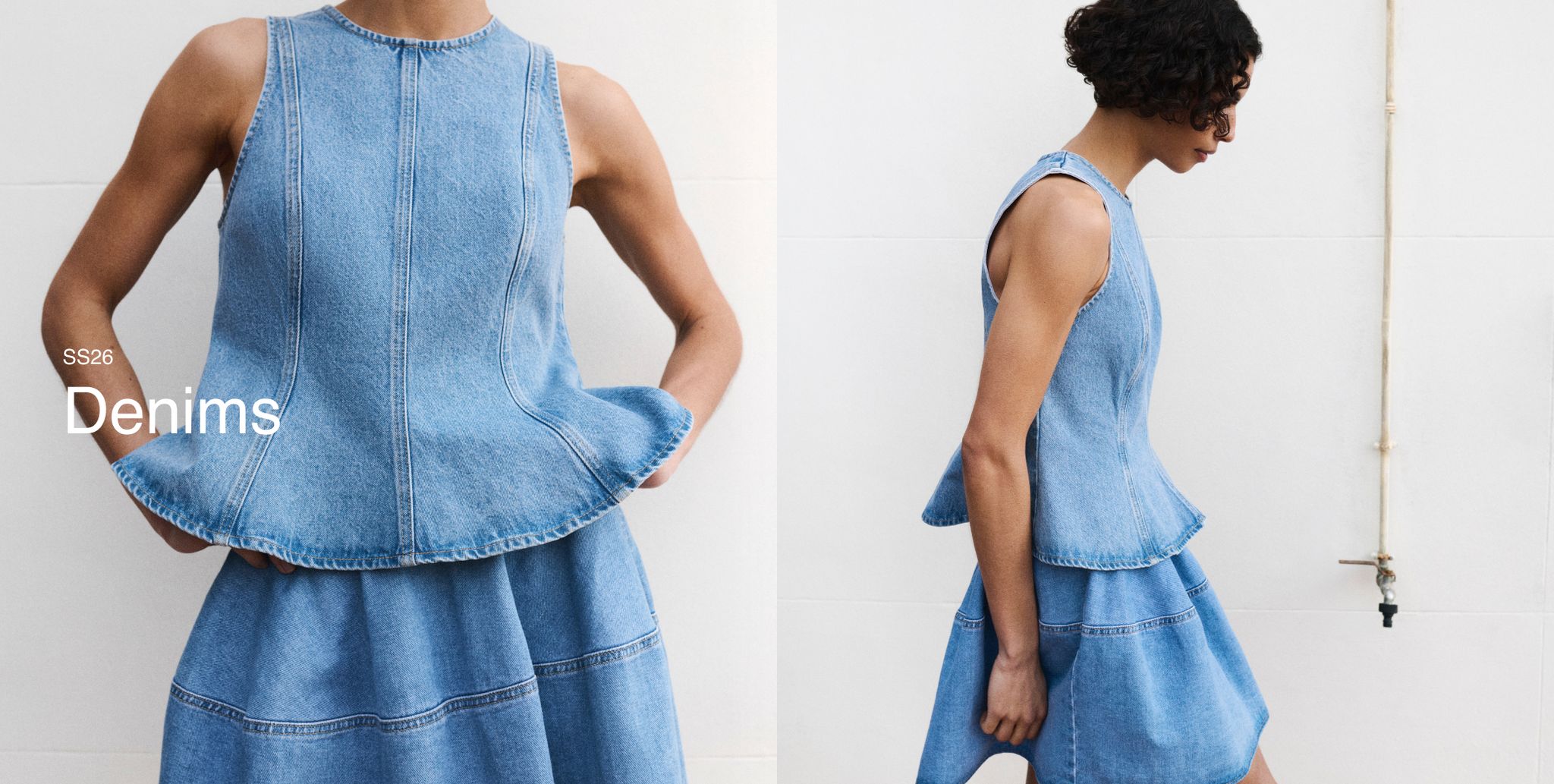 Model in sleeveless blue denim peplum top and skirt, standing against a plain white wall. "SS26 Denims" text overlay.
