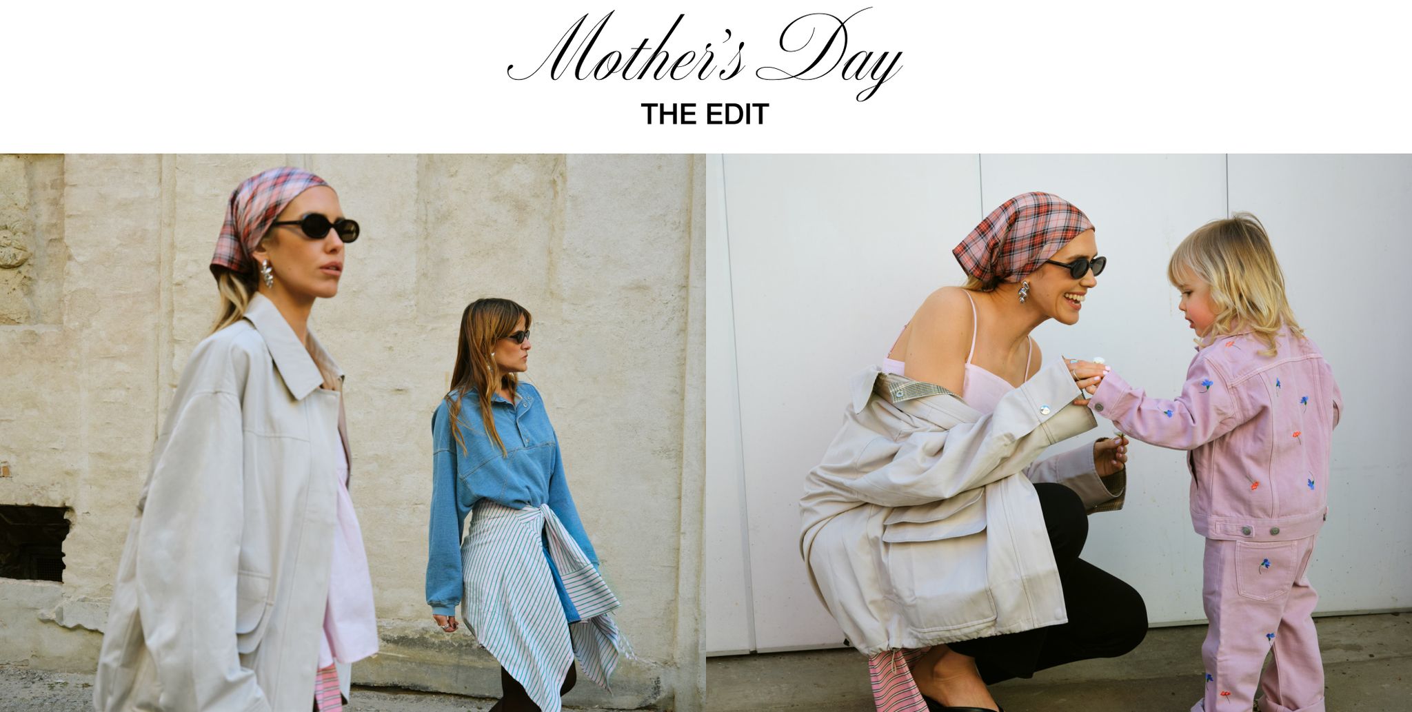 Collage of women in stylish outfits and a joyful mother with a young child, celebrating Mother's Day fashionably outdoors.
