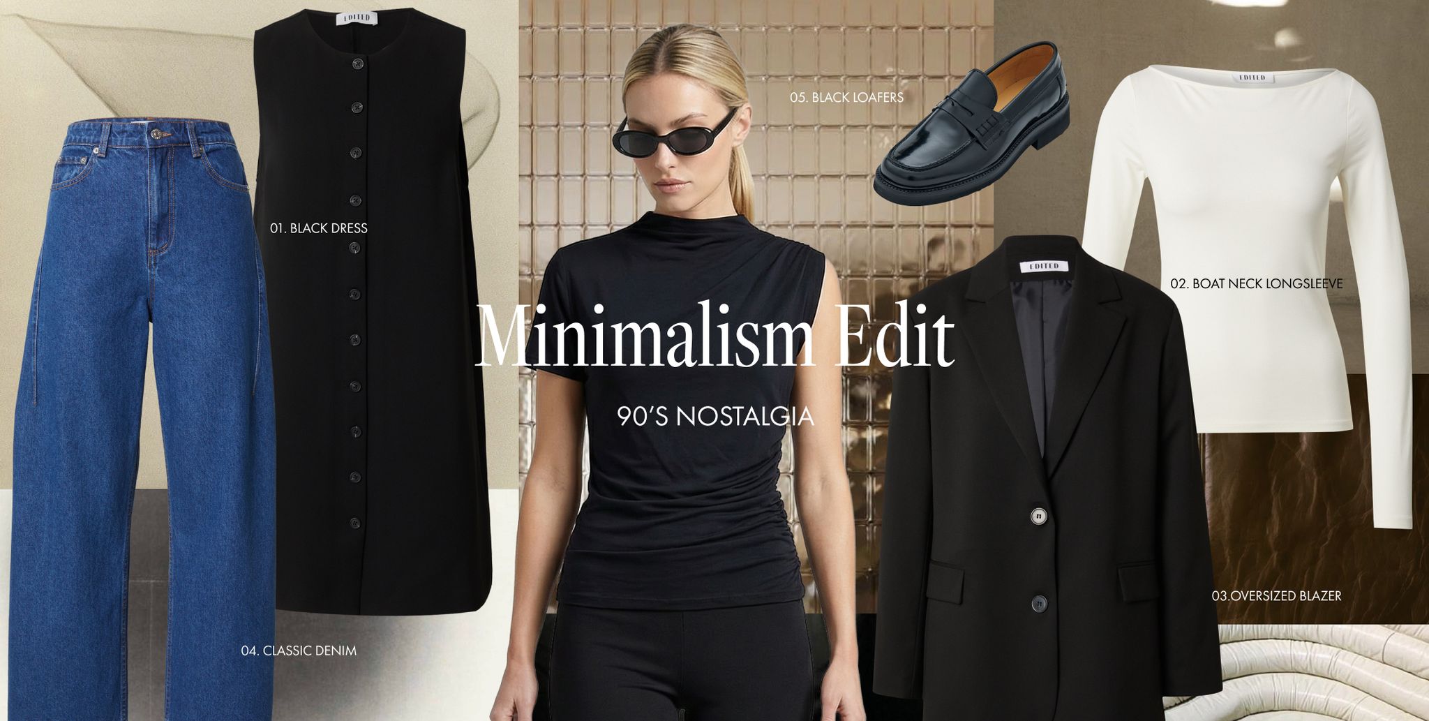 Collage of minimalist fashion items: black dress, classic denim jeans, black loafers, long sleeve top, oversized blazer, and a woman in sunglasses.