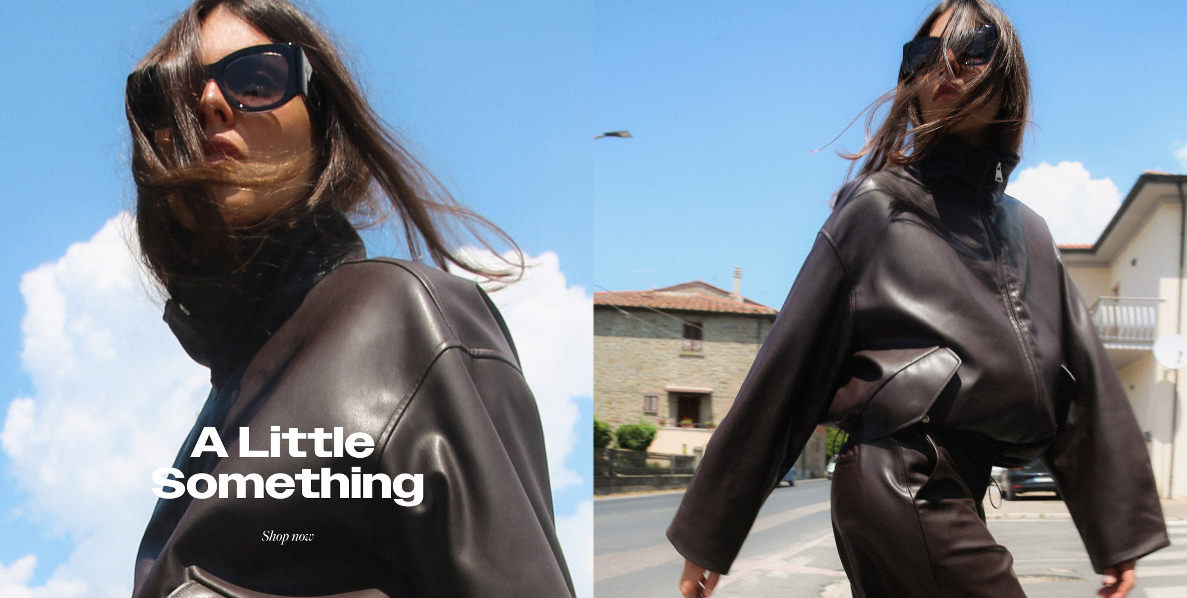 Woman in oversized black leather outfit and sunglasses poses confidently outside; blue sky and buildings in the background. Text reads "A Little Something."
