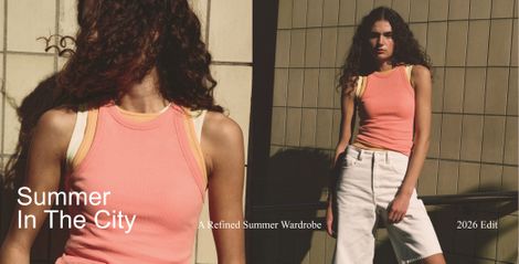 Model in a pink tank top and white shorts against a tiled wall, with text "Summer In The City: A Refined Summer Wardrobe, 2026 Edit."