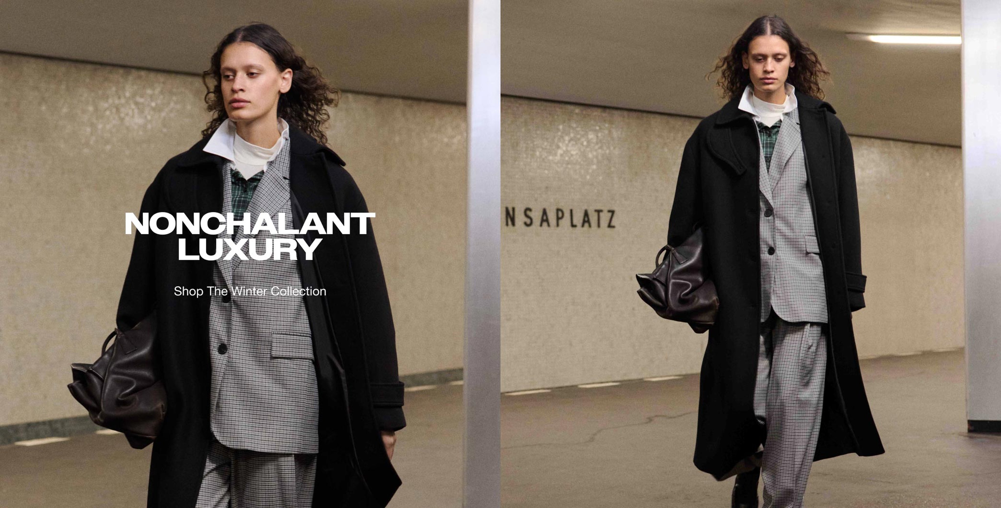 Person in a stylish black coat and checkered suit holding a bag, walking in a textured underground passage. Text reads "Nonchalant Luxury."