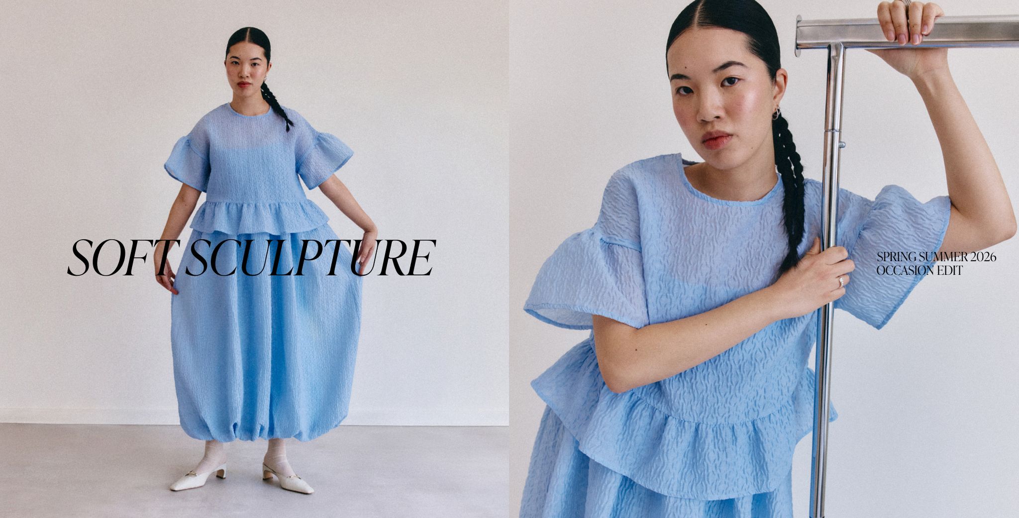 Woman in a blue textured dress poses indoors. Text reads "Soft Sculpture" and "Spring Summer 2026 Occasion Edit."