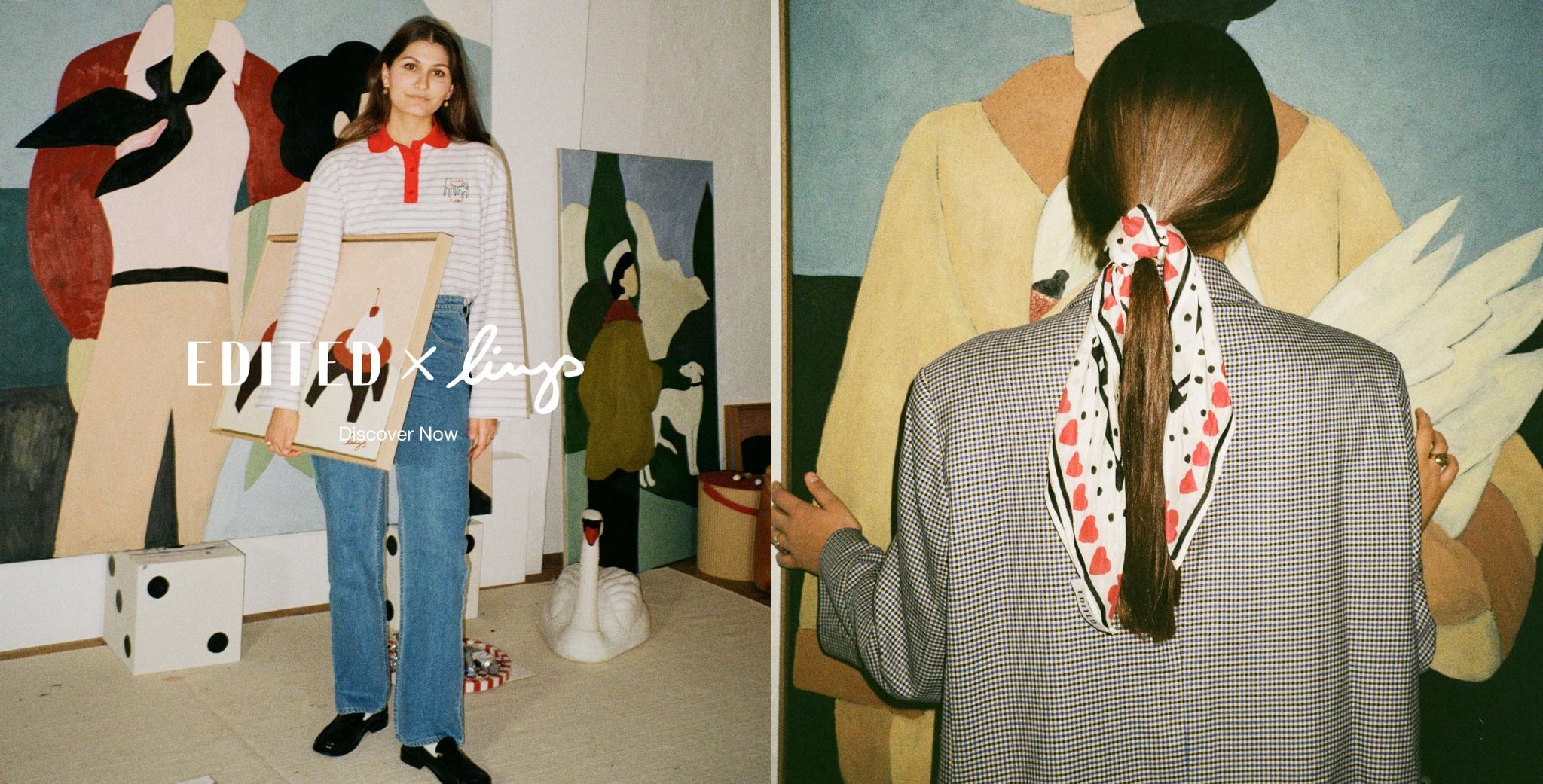 Woman in a striped shirt and jeans holds artwork; another view shows her back with a heart-patterned scarf. Art pieces are visible around her.