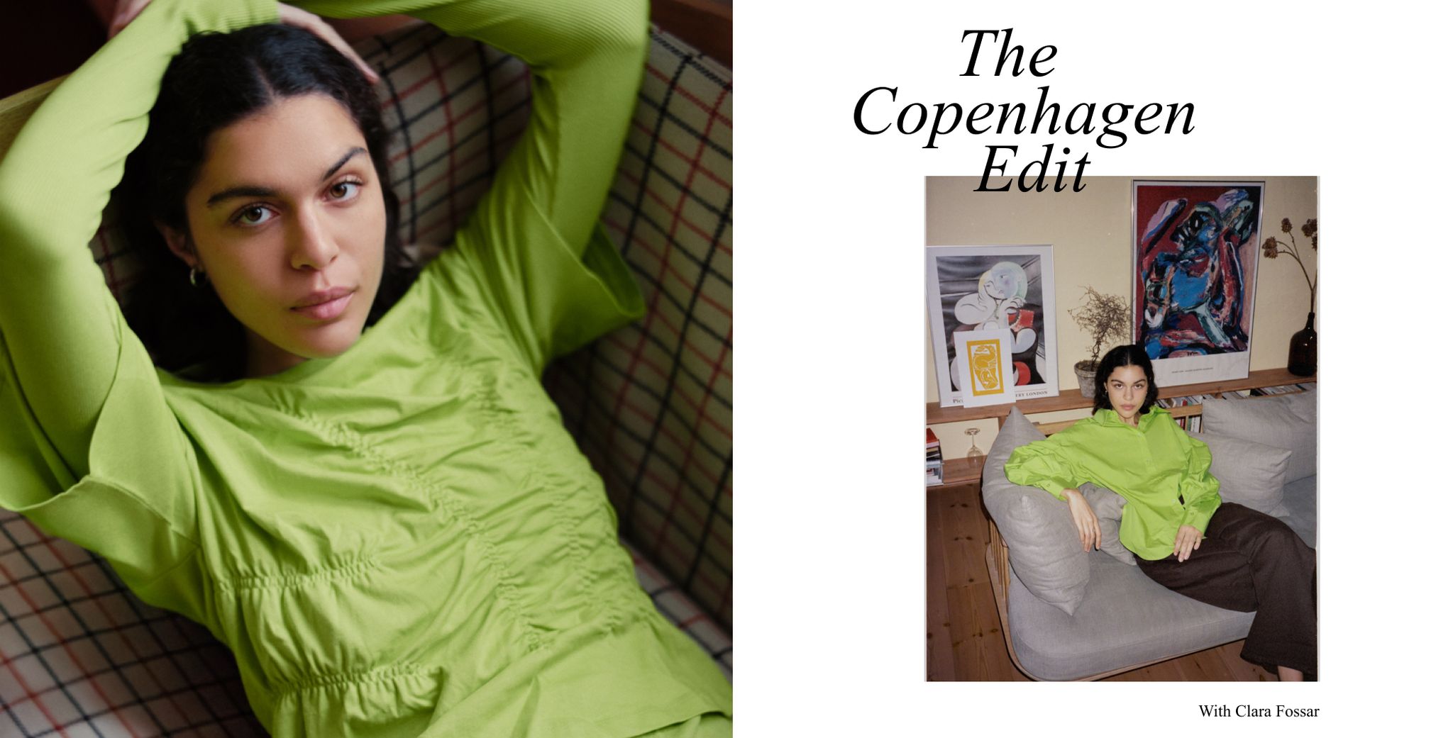 Woman in a bright green blouse, resting on a plaid sofa. Next to text "The Copenhagen Edit," sitting in a cozy, art-filled space.