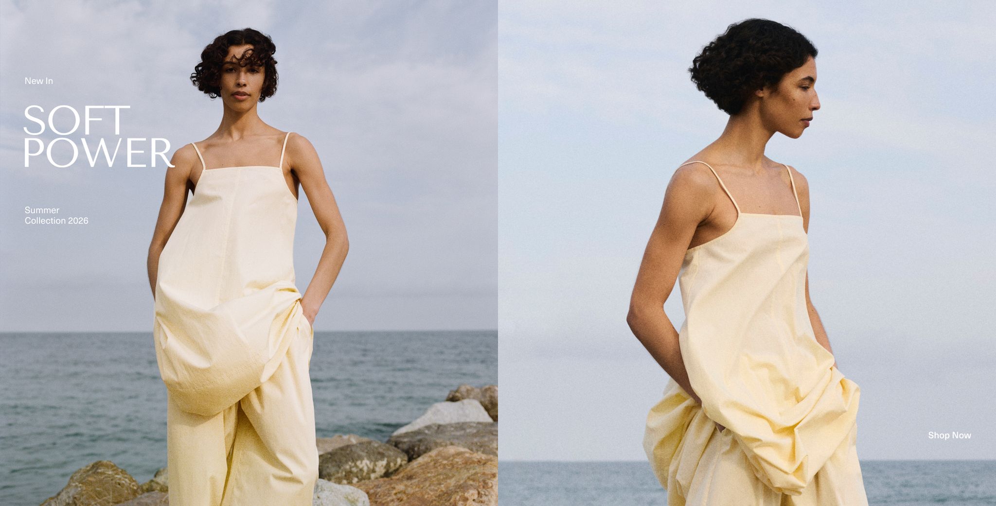 Model in a flowing yellow dress poses by the sea; text reads "SOFT POWER, Summer Collection 2026." Blue sky and ocean in the background.